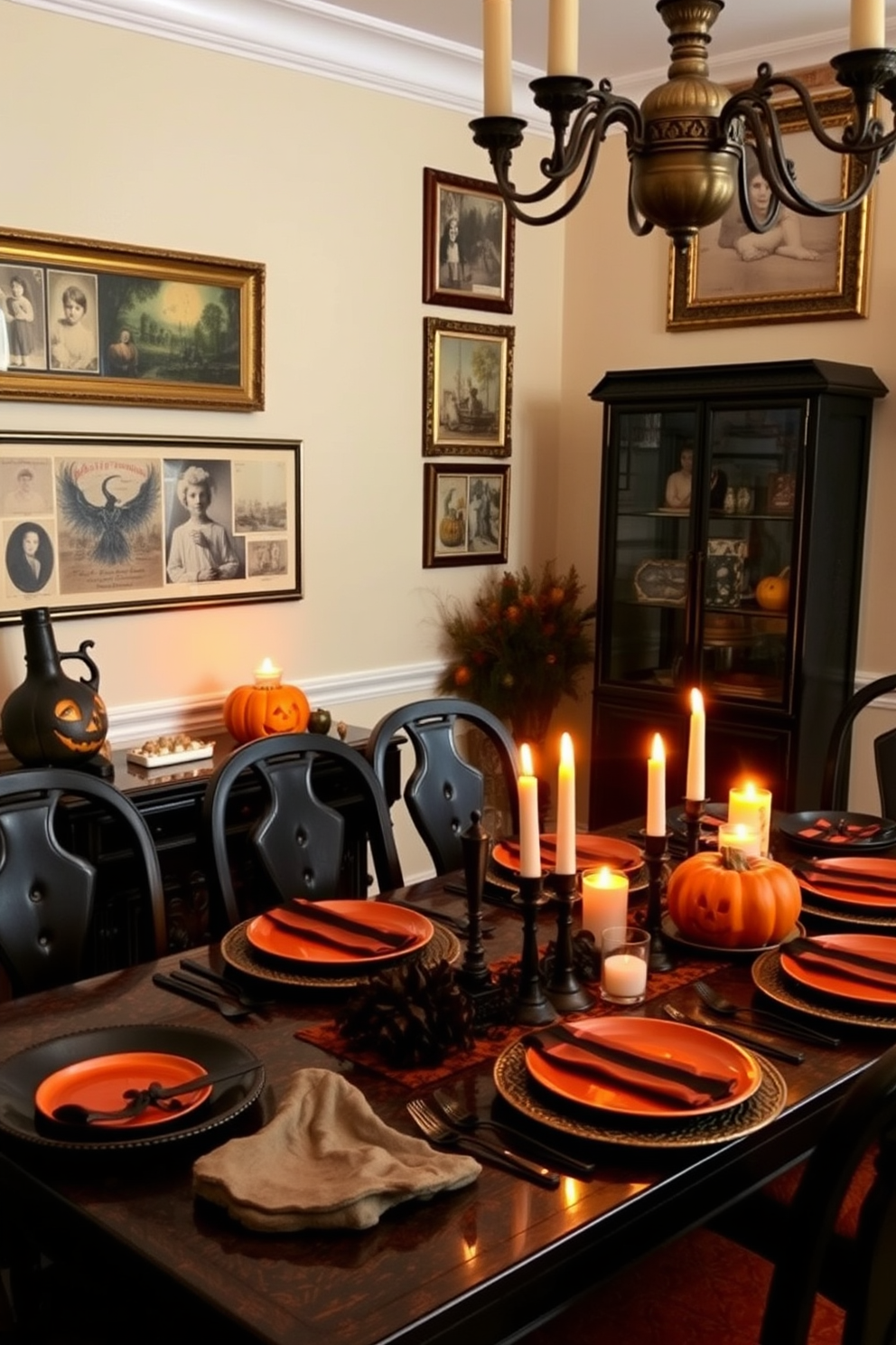 A cozy dining room adorned with vintage Halloween postcards as decor. The postcards are displayed in elegant frames on the walls, creating a nostalgic and festive atmosphere. The dining table is set with autumn-themed tableware, featuring deep orange and black colors. Candles in carved pumpkin holders flicker gently, adding warmth to the spooky yet inviting setting.