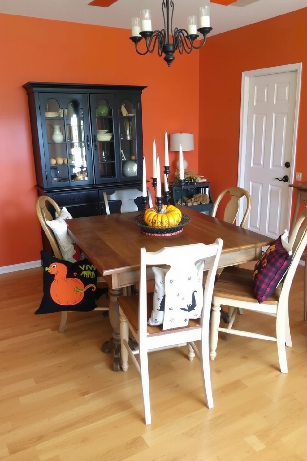 A cozy dining room setting features a rustic wooden table surrounded by mismatched chairs, each adorned with playful Halloween-themed cushions. The walls are painted in a warm orange hue, and a centerpiece of seasonal pumpkins and candles adds a festive touch to the table.