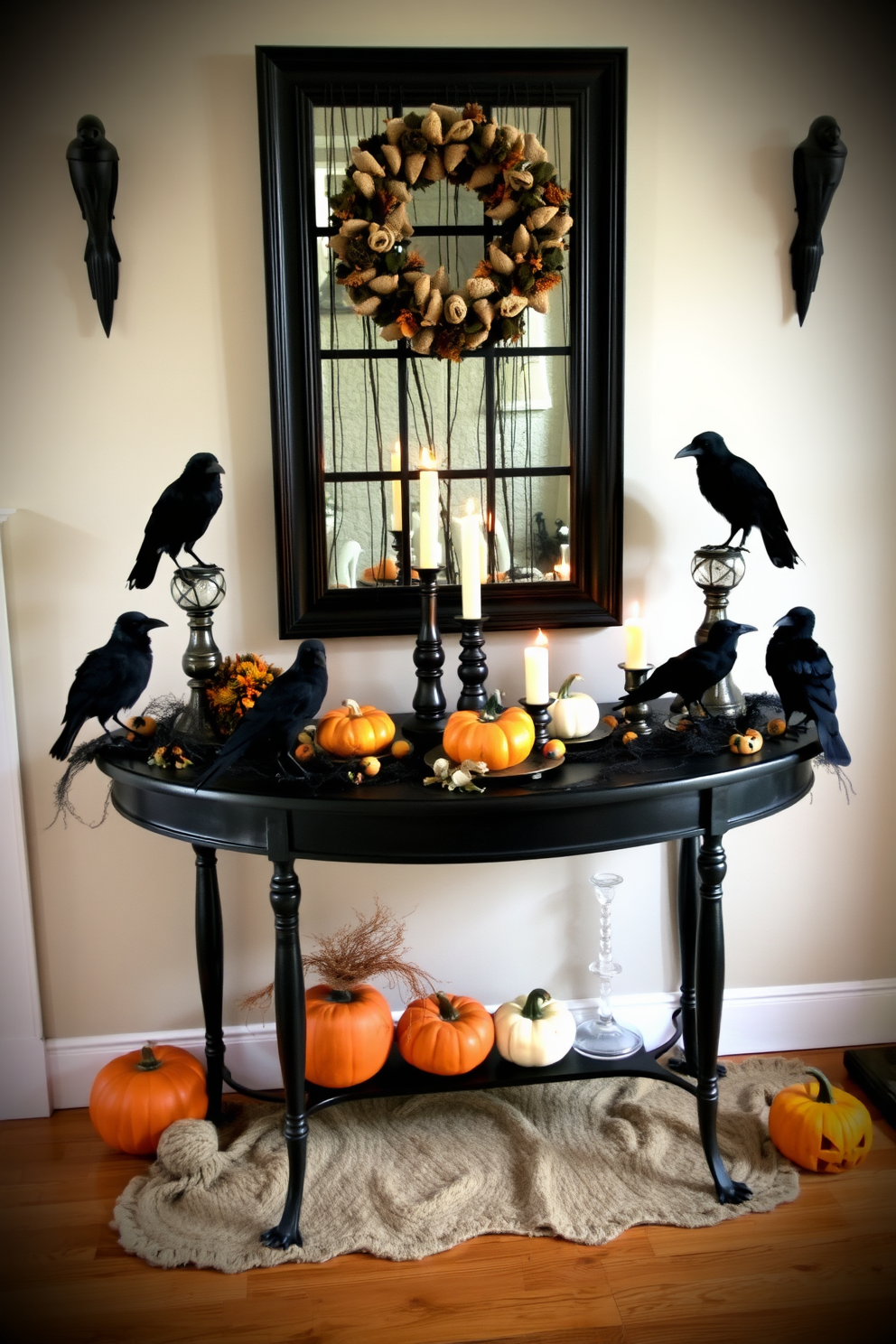 A spooky entryway table is adorned with black crows perched on the edges. The table is decorated with autumn-themed accents like mini pumpkins and flickering candles to set a Halloween mood.