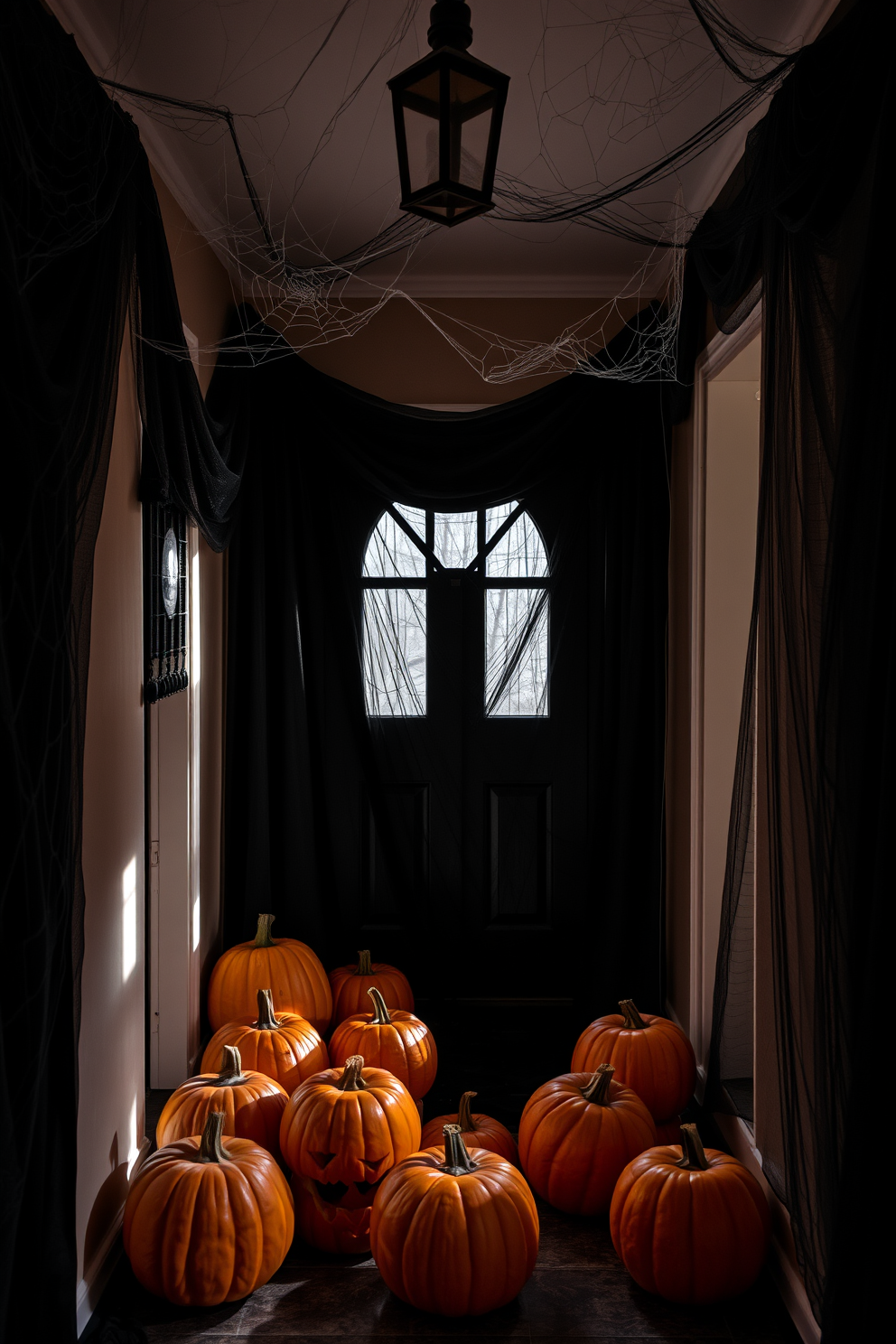 A spooky entryway filled with creepy spider webs in the corners creates an eerie atmosphere perfect for Halloween. The walls are draped with dark fabric, and a collection of carved pumpkins sits on the floor, casting haunting shadows.