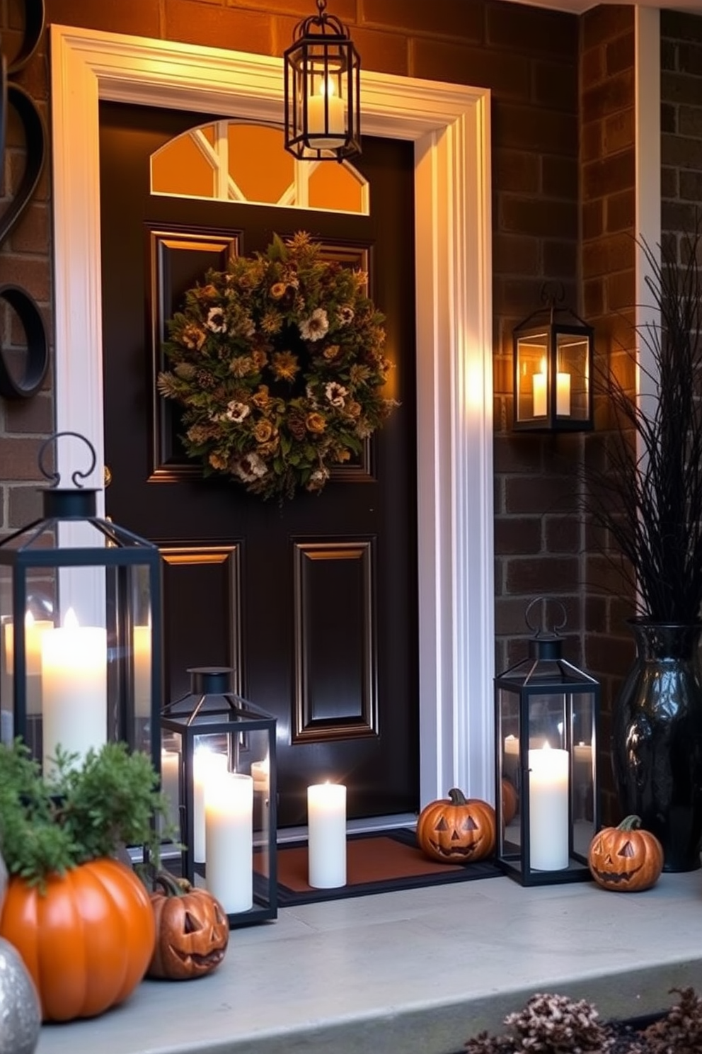 A cozy Halloween entryway adorned with lanterns featuring flickering LED candles. The warm glow from the candles creates an inviting atmosphere, enhancing the seasonal spirit.