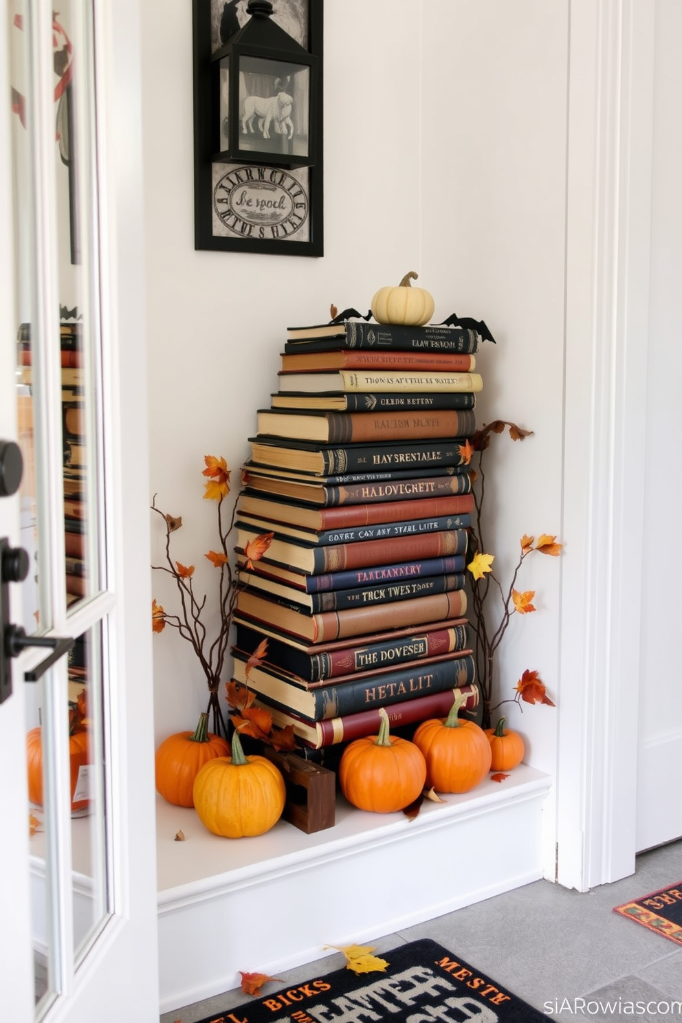 A charming entryway adorned with vintage books stacked in a creative Halloween display. The books are surrounded by small pumpkins and autumn leaves, creating a festive and inviting atmosphere.