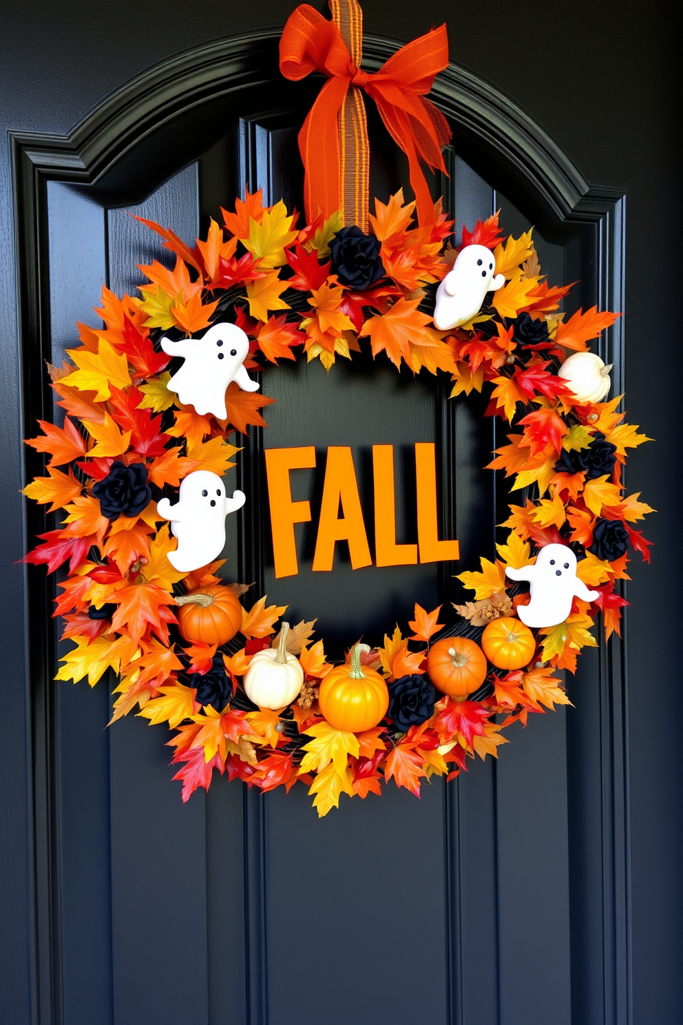 A charming fall wreath adorned with spooky accents welcomes guests at the entryway. The wreath features vibrant autumn leaves, miniature pumpkins, and playful ghosts, creating a festive atmosphere.