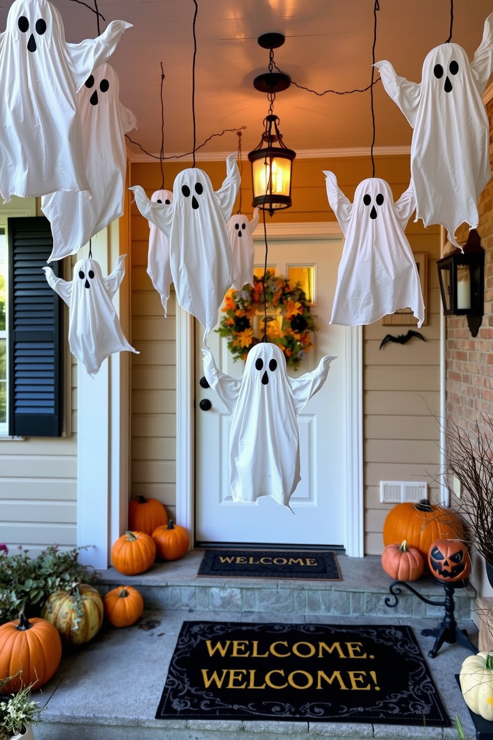 A festive Halloween entryway featuring hanging ghost decorations swaying gently in the breeze. The porch is adorned with pumpkins of various sizes, and a spooky welcome mat invites guests to enter.