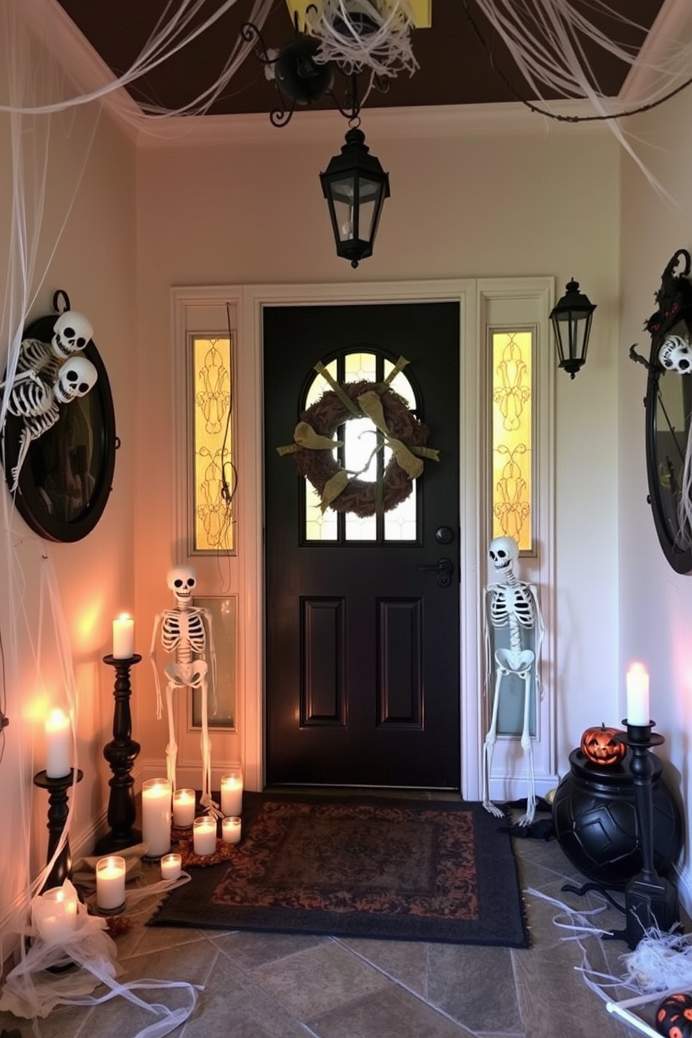 A whimsical Halloween entryway featuring decorative skeletons peeking from the corners. The space is adorned with cobwebs and flickering candlelight, creating an eerie yet inviting atmosphere.