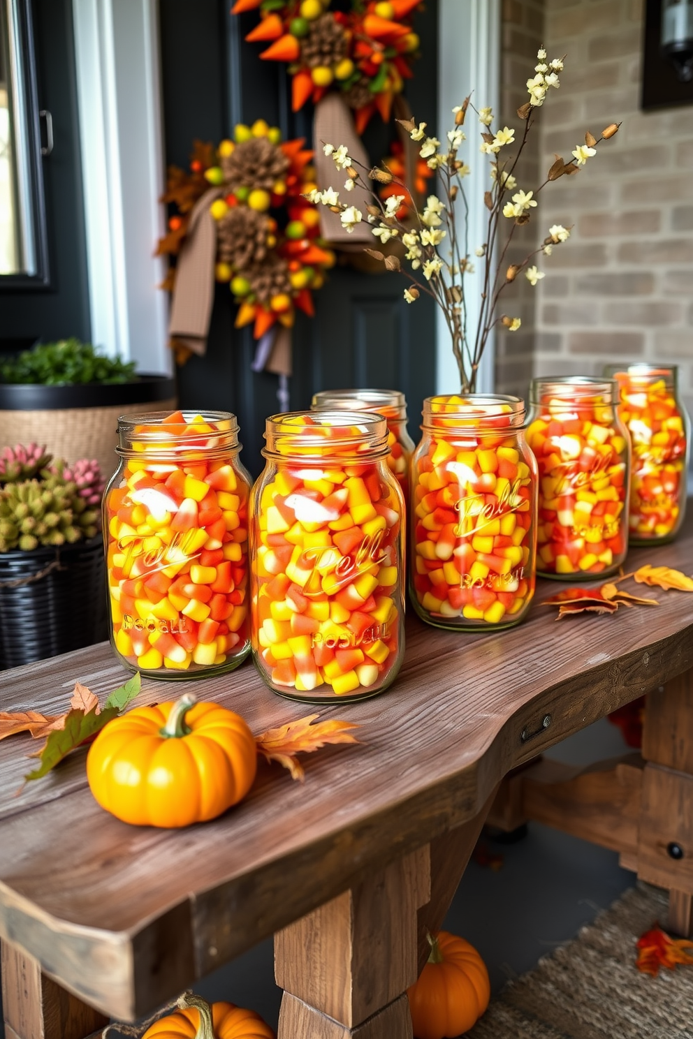 A festive entryway adorned with mason jars filled with vibrant candy corn. The jars are arranged on a rustic wooden table, complemented by autumn leaves and small pumpkins scattered around.