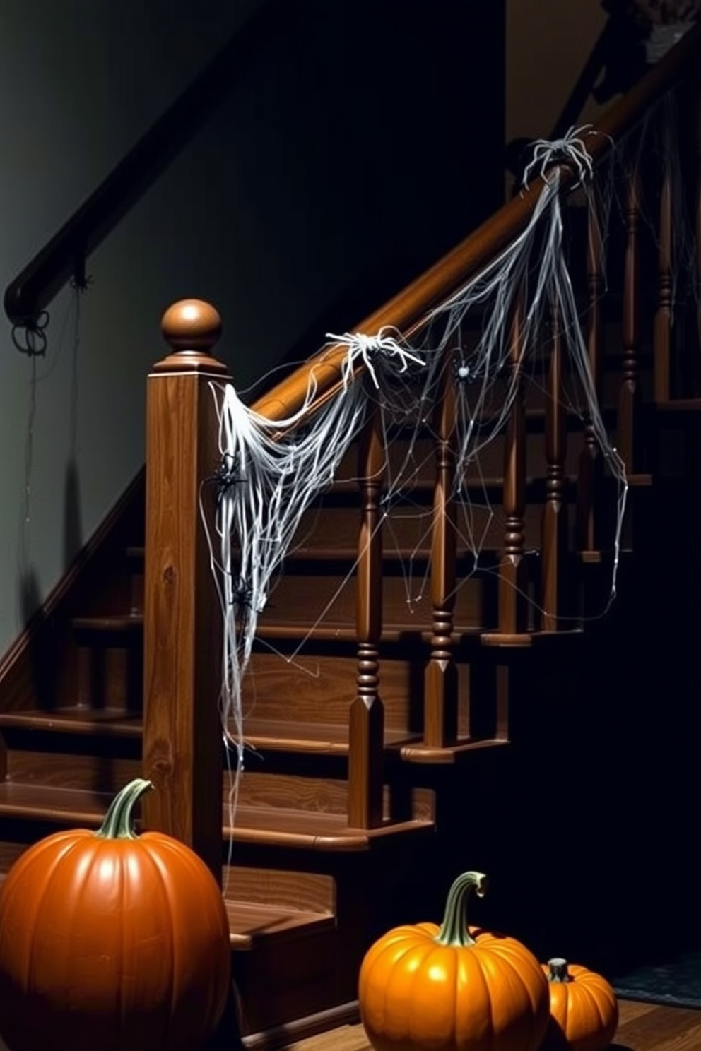 A spooky Halloween entryway features a wooden stair railing adorned with fake spider webs and plastic spiders crawling along the banister. Dim lighting casts eerie shadows, while carved pumpkins sit at the base of the stairs, adding to the festive atmosphere.