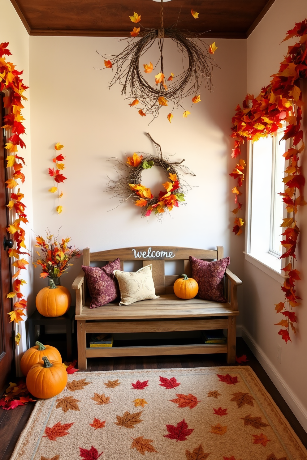 A cozy entryway adorned with vibrant autumn leaves and playful Halloween decorations. A rustic wooden bench is placed against the wall, surrounded by pumpkins and garlands of colorful leaves. Hanging from the ceiling, a whimsical wreath made of twigs and dried leaves welcomes guests. On the floor, a soft, patterned rug features seasonal motifs, adding warmth to the space.