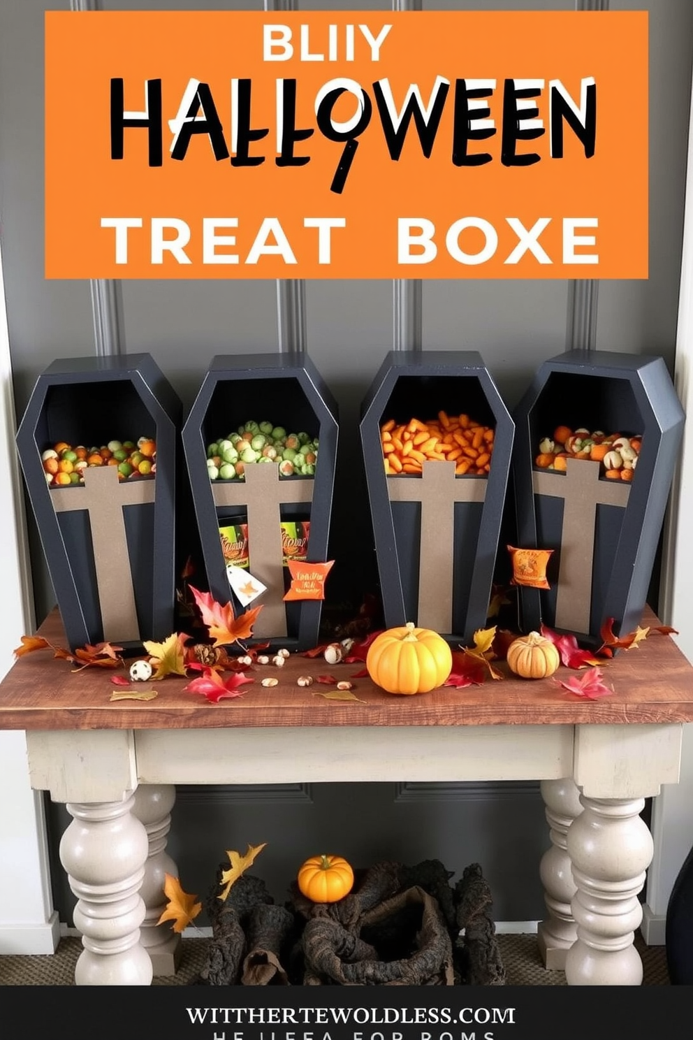 A creative Halloween entryway featuring a DIY coffin-shaped treat box display. The coffin boxes are arranged on a rustic wooden table adorned with autumn leaves and miniature pumpkins.