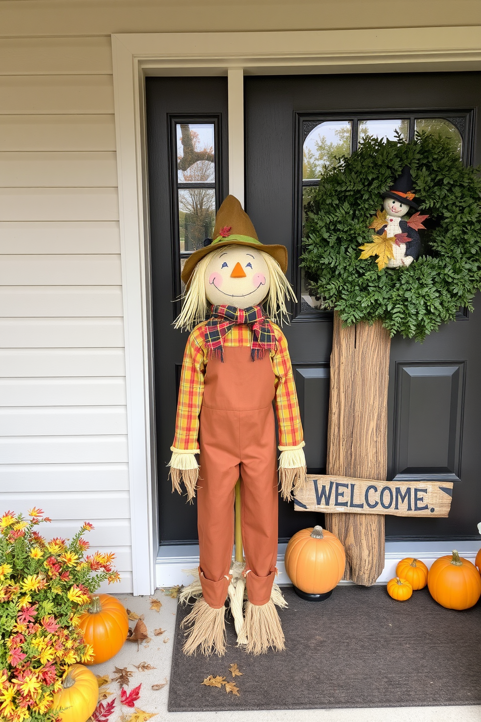 A charming scarecrow figure stands by the door, welcoming guests with a friendly smile. The entryway is adorned with autumn leaves, small pumpkins, and a rustic welcome sign, creating a festive Halloween atmosphere.