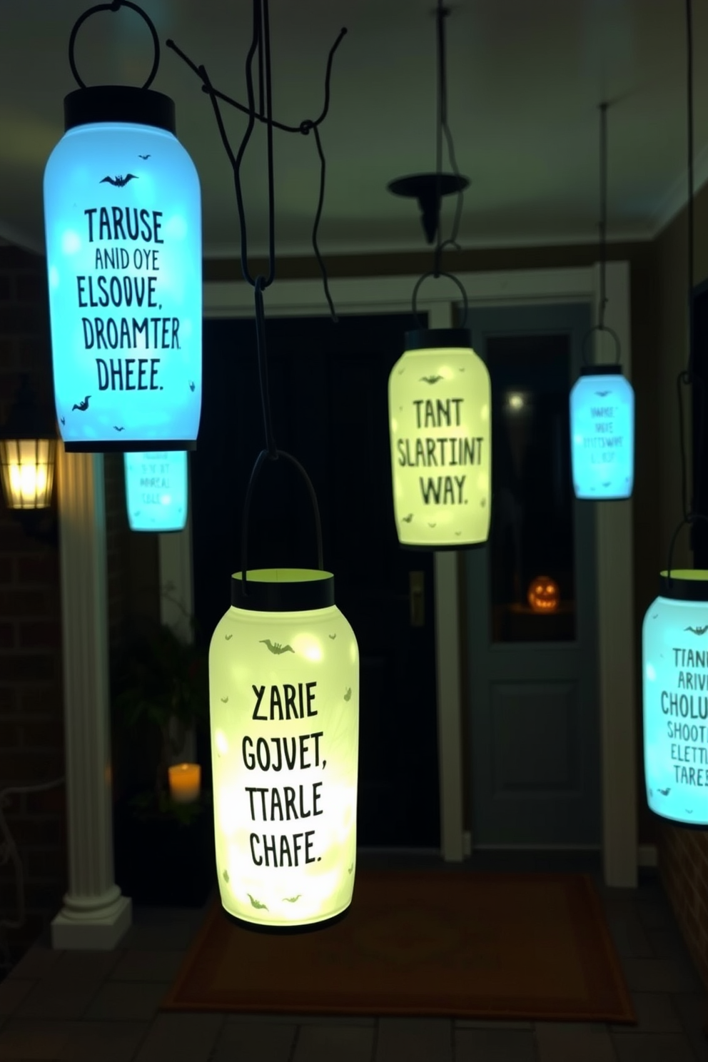 A whimsical entryway adorned with hanging lanterns that emit a soft, eerie glow. Each lantern features a spooky quote, adding a playful touch to the Halloween atmosphere.