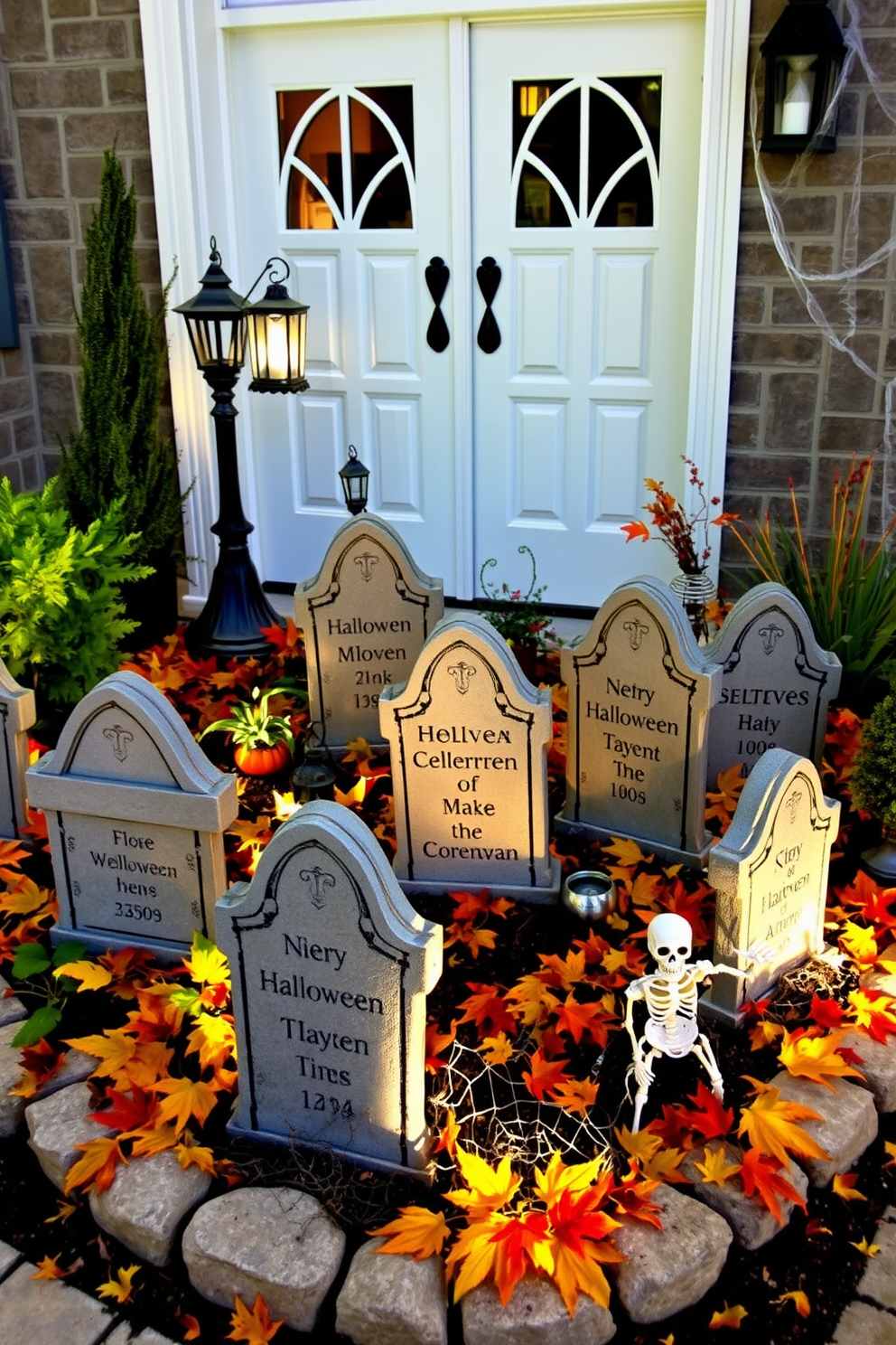 Create a whimsical entryway garden featuring faux gravestones that evoke a playful Halloween spirit. The gravestones should vary in size and design, surrounded by colorful autumn leaves and spooky decor elements. Incorporate eerie lighting with lanterns that cast shadows, enhancing the mysterious ambiance. Add touches like cobwebs and playful skeletons to create a fun and inviting Halloween atmosphere.