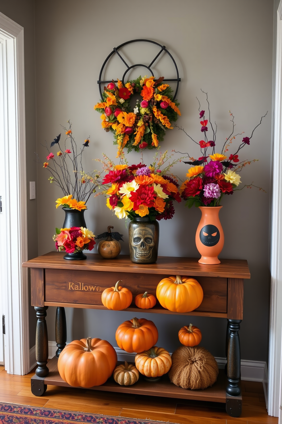 A charming entryway adorned with colorful fall flowers arranged in spooky-themed vases. The space features a rustic wooden console table topped with a festive table runner and a collection of decorative pumpkins.