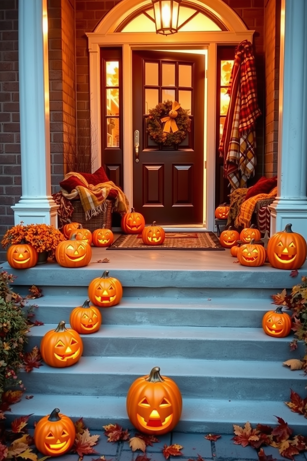 Charming ceramic jack-o-lanterns are arranged on the steps leading to a warmly lit front door. The entryway is adorned with autumn leaves and cozy blankets, creating a festive and inviting atmosphere for Halloween.