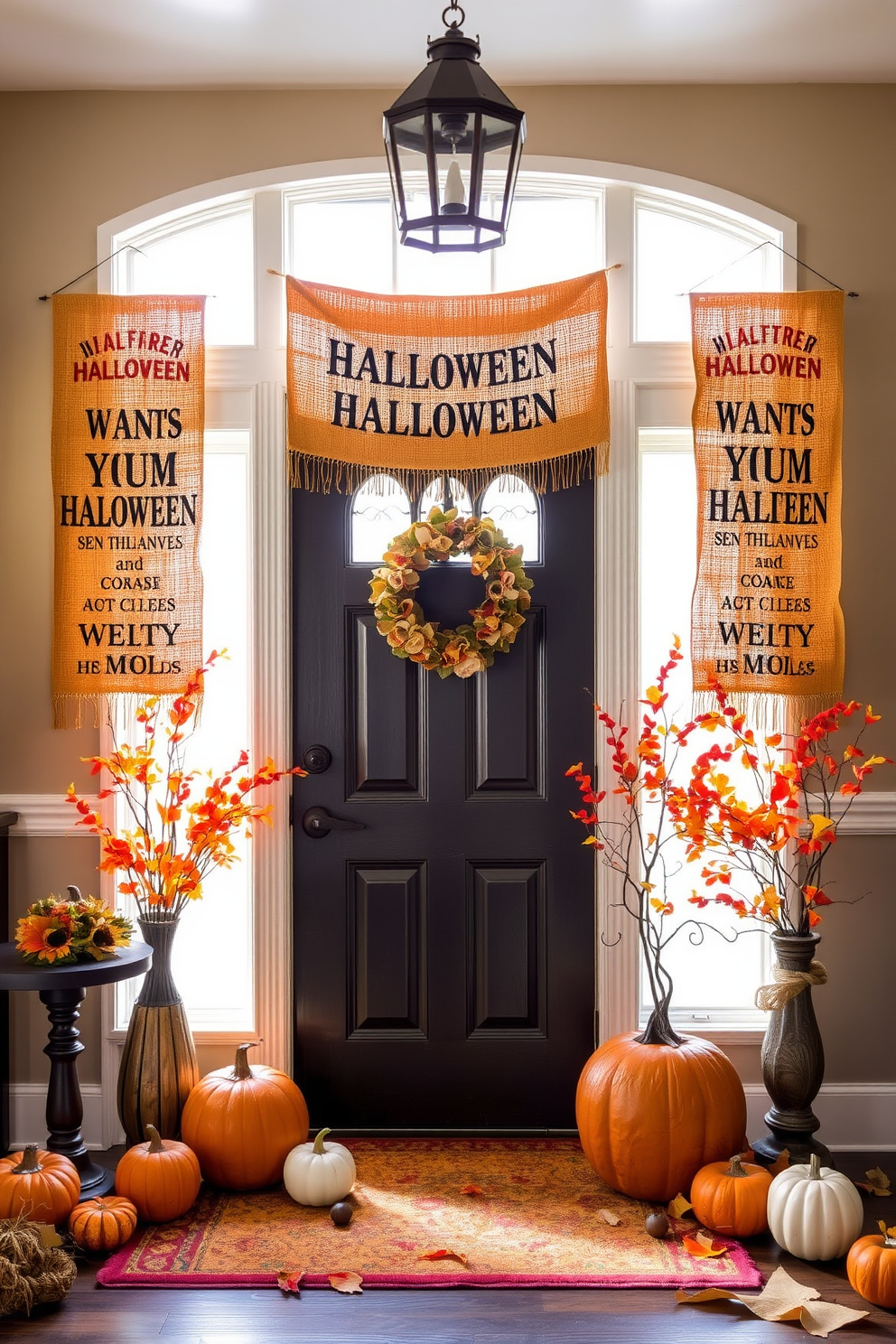 A cozy entryway adorned with burlap banners featuring whimsical Halloween sayings. The warm tones of the burlap contrast beautifully with the vibrant autumn decorations scattered throughout the space.