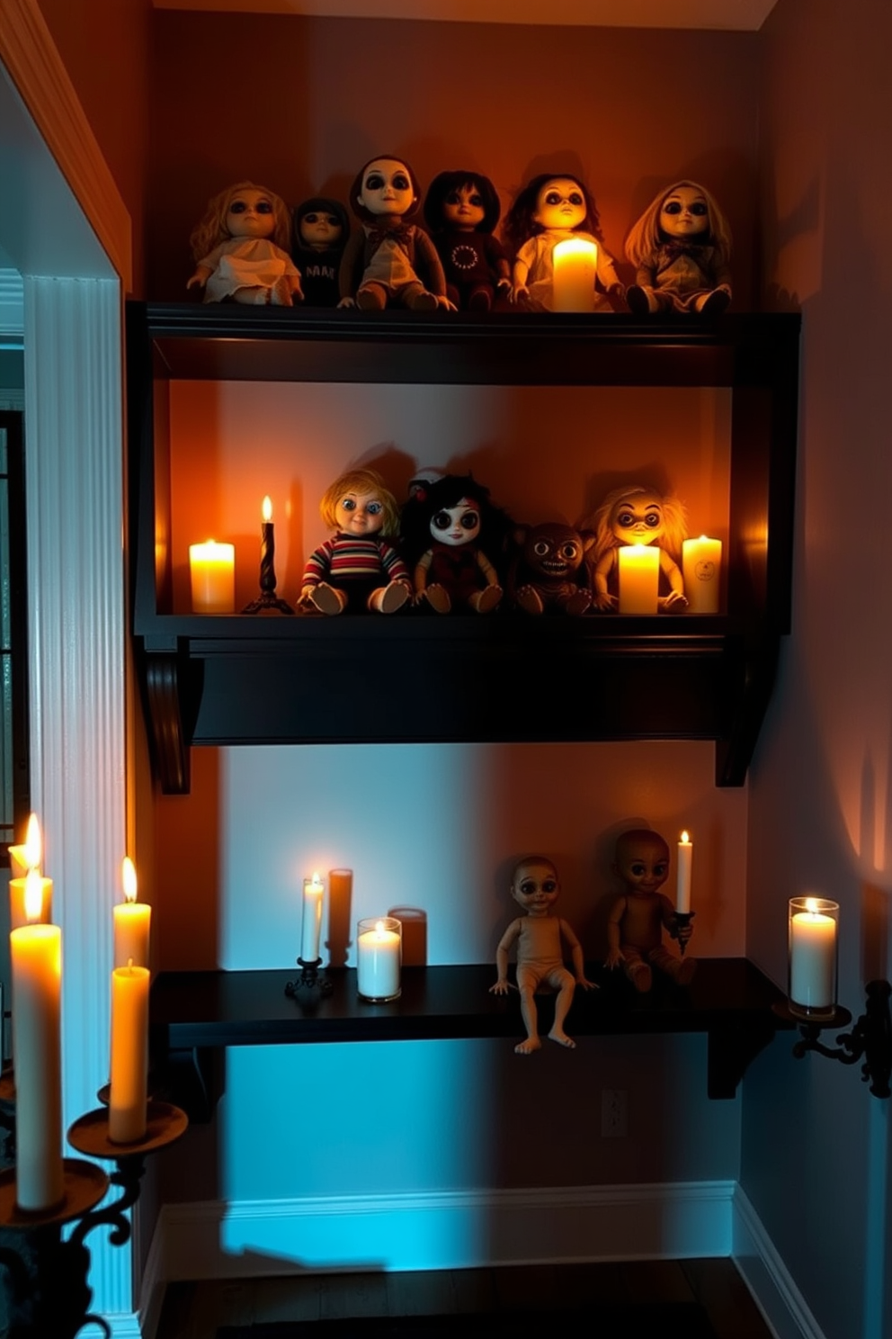 Creepy dolls of various sizes and styles are arranged on dark wooden shelves, their glassy eyes staring out into the dimly lit entryway. Flickering candles cast eerie shadows on the walls, enhancing the haunting atmosphere of the Halloween decor.