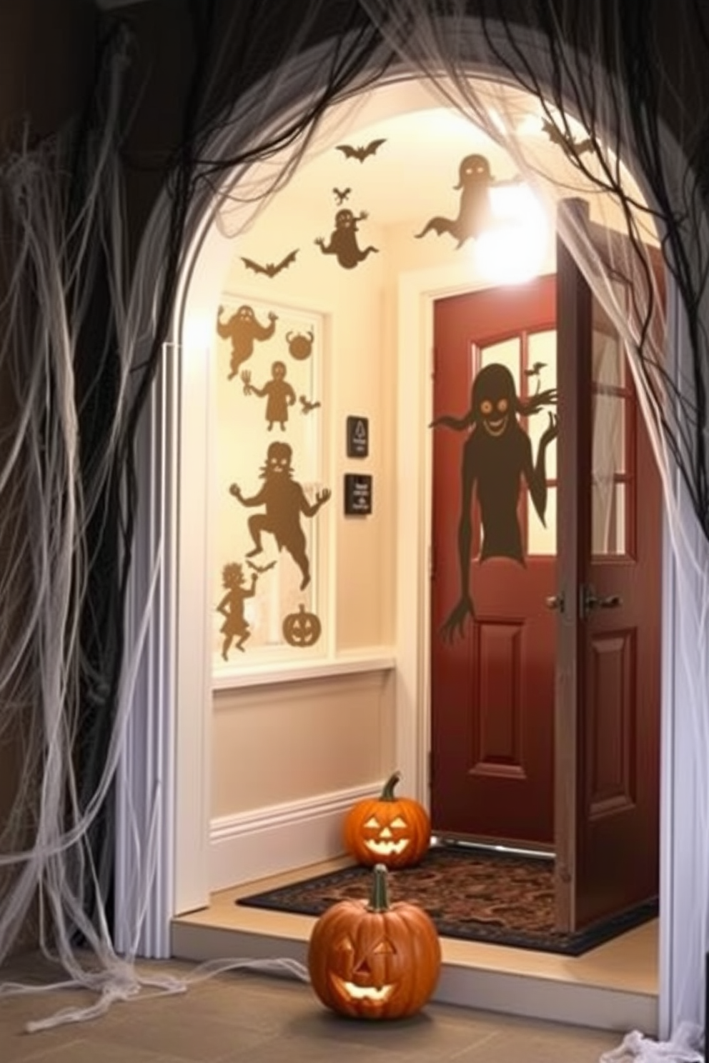 Spooky silhouette window clings create an eerie atmosphere in the entryway, featuring ghostly shapes and creepy figures that catch the light. The entryway is adorned with cobwebs draping from the corners, and a carved pumpkin sits on the doorstep, inviting guests to enter the festive space.