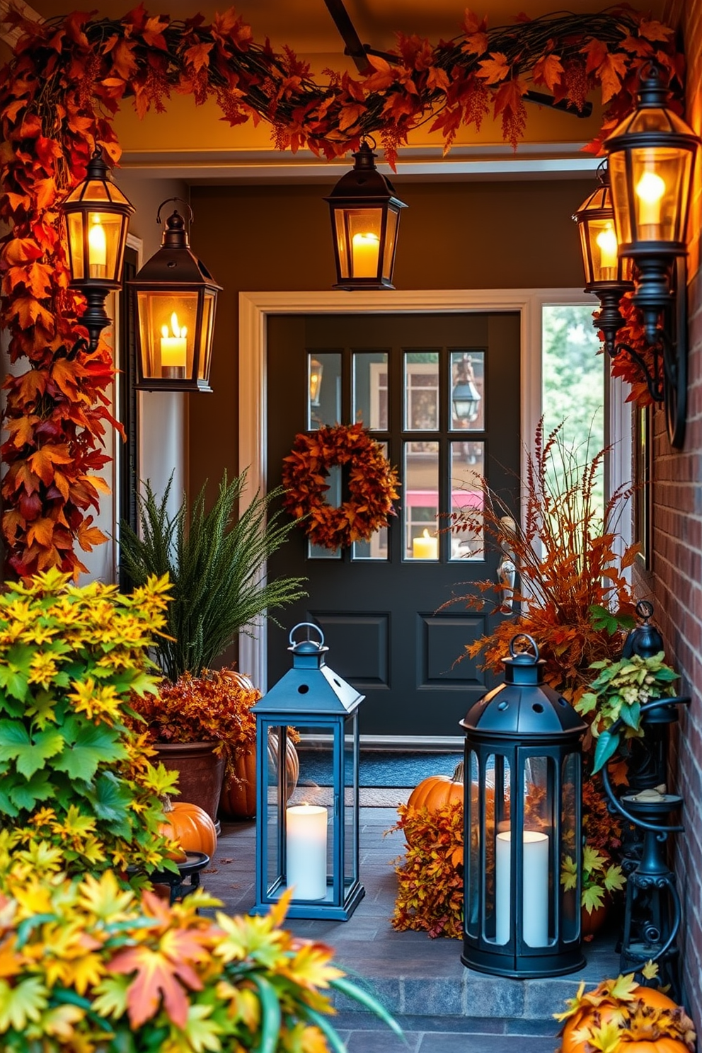 A cozy entryway adorned with vintage lanterns casting a warm glow. Surrounding the lanterns, vibrant autumn foliage creates a festive atmosphere, inviting guests to embrace the Halloween spirit.