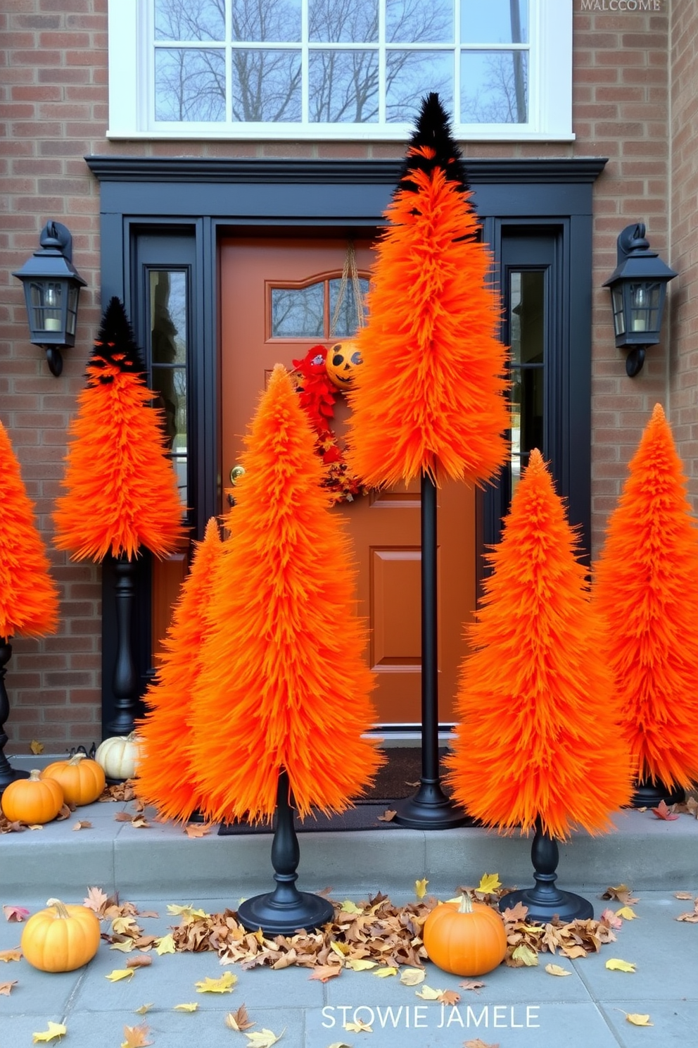 A festive entryway adorned with orange and black cone trees creates a vibrant Halloween atmosphere. The cone trees are strategically placed on either side of the door, surrounded by scattered autumn leaves and small pumpkins.