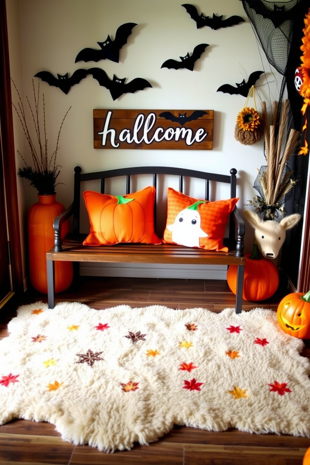 Create a cozy entryway decorated for Halloween. The space features a welcoming bench adorned with festive throw pillows showcasing playful pumpkin and ghost designs. On the floor, a soft rug in autumn colors complements the decor. Surround the entryway with spooky decorations like hanging bats and a cheerful welcome sign.