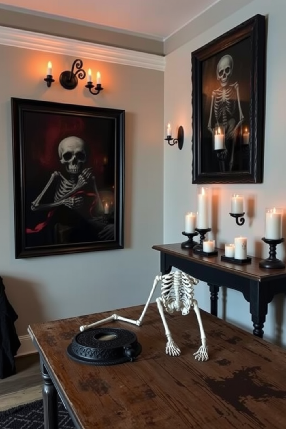 A hauntingly beautiful entryway features a skeleton hourglass resting on a distressed wooden table. The walls are adorned with dark, moody artwork and flickering candle sconces, creating an eerie atmosphere perfect for Halloween.