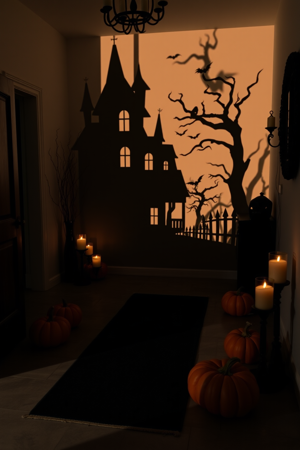 A hauntingly beautiful entryway features a large silhouette of a haunted house projected onto the wall, casting eerie shadows. The floor is adorned with a dark runner rug, and strategically placed pumpkins and candles create an inviting yet spooky atmosphere.