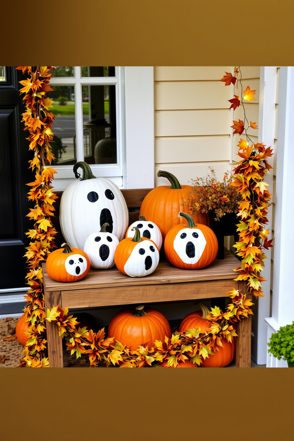 A whimsical entryway adorned with pumpkins featuring painted ghost faces. The pumpkins are arranged on a rustic wooden bench, complemented by seasonal garlands of autumn leaves and fairy lights.