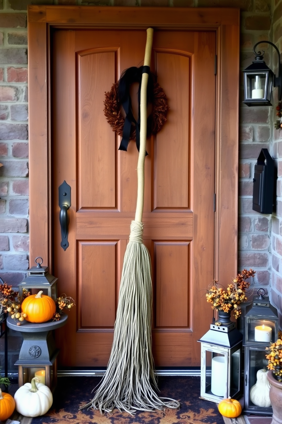 A charming Halloween entryway features a rustic wooden door with a witch's broom leaning casually against it. The space is adorned with subtle autumn decorations, including small pumpkins and flickering lanterns that create an inviting atmosphere.