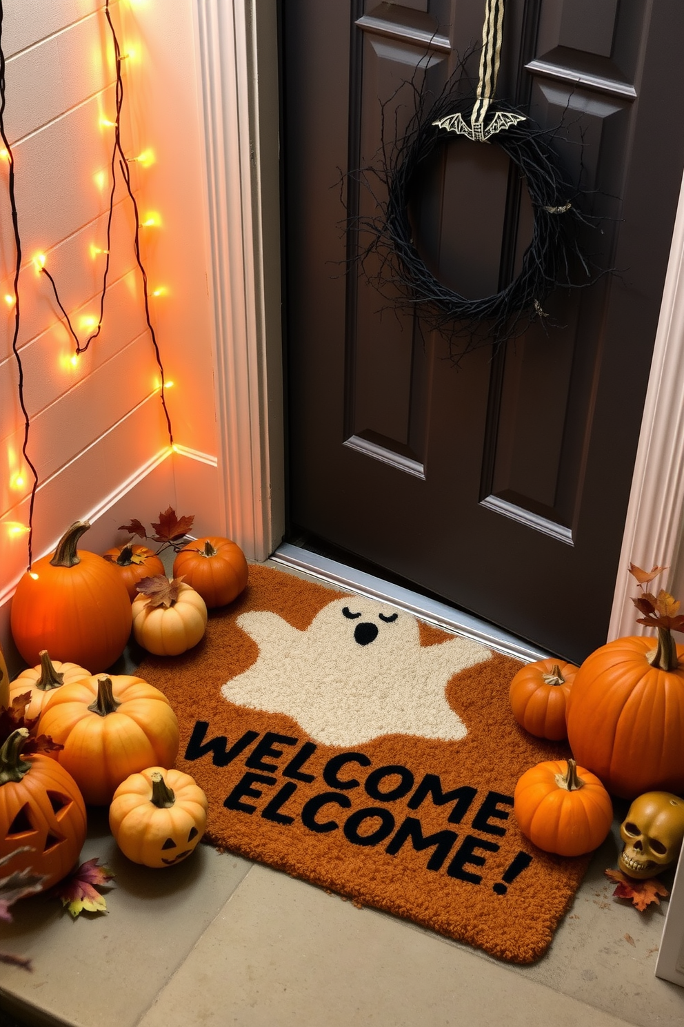 A spooky welcome mat lies at the entrance, featuring a ghostly design that sets a playful yet eerie tone. Surrounding the mat, pumpkins of varying sizes are arranged, some carved with whimsical faces, while others are adorned with fall leaves. The entryway is illuminated by a string of orange fairy lights draped along the walls, casting a warm glow. A wreath made of black branches and adorned with miniature bats hangs on the door, welcoming guests with a touch of Halloween spirit.