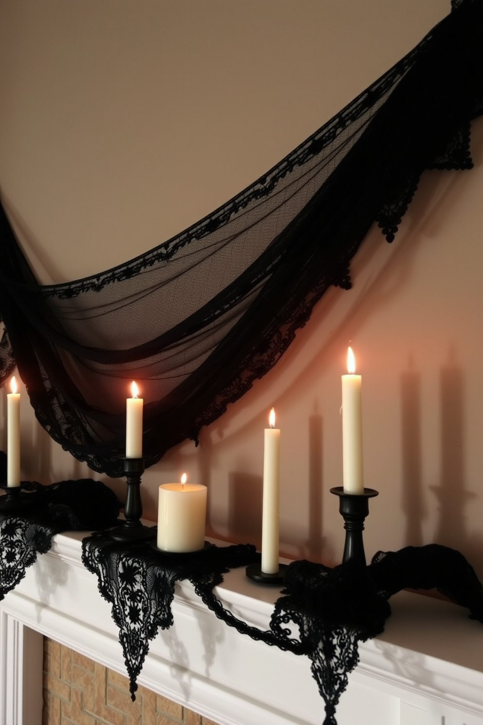 Spooky black lace drapes elegantly across the mantel, creating an eerie yet sophisticated atmosphere for Halloween. Flickering candles in varying heights are strategically placed among the lace, casting haunting shadows on the wall behind.