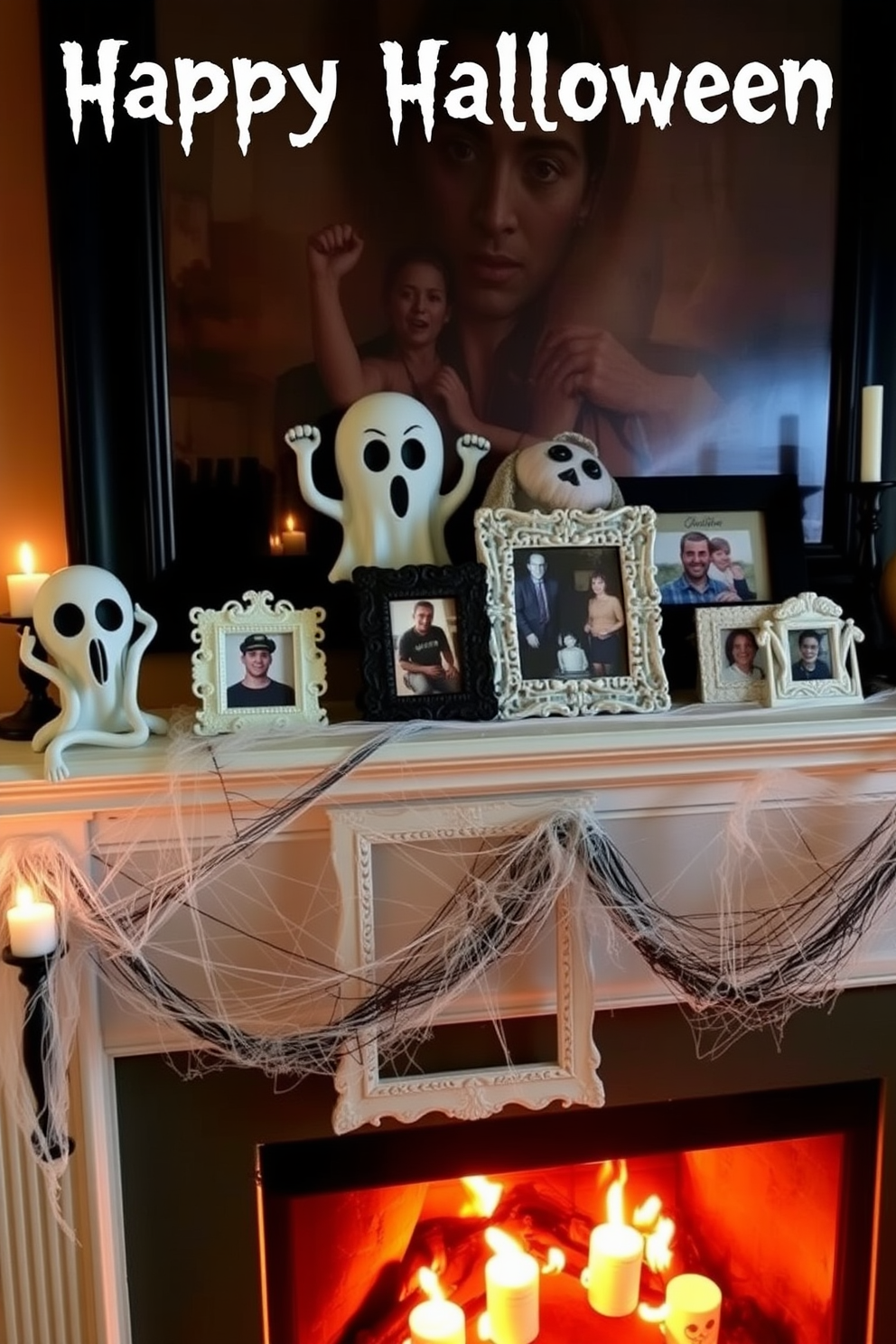 Ghoulish photo frames filled with family pictures are arranged on a mantelpiece. The fireplace is adorned with cobwebs and spooky candles, creating an eerie yet festive atmosphere for Halloween.