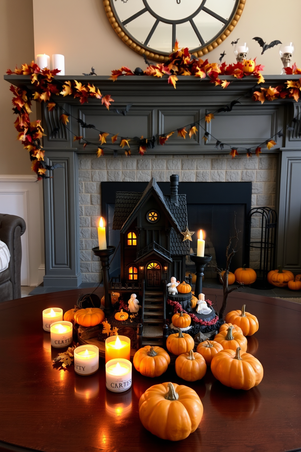 A whimsical miniature haunted house sits as the centerpiece on the coffee table, adorned with tiny ghosts and pumpkins. Surrounding the house, flickering LED candles create an eerie glow, enhancing the Halloween spirit. The fireplace is elegantly decorated with a garland of autumn leaves and miniature bats hanging from the mantel. On the hearth, a collection of carved pumpkins in various sizes adds a festive touch to the cozy atmosphere.