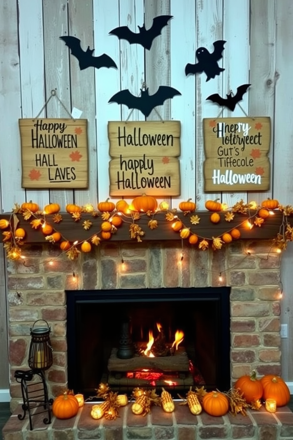 Rustic wooden signs with Halloween sayings are hung on a weathered barn wall. Each sign features unique, hand-painted phrases in playful fonts, surrounded by autumn leaves and small pumpkins. The fireplace is adorned with a garland of dried corn and twinkling fairy lights. Above the mantel, spooky silhouettes of bats and ghosts create a festive atmosphere for the Halloween season.