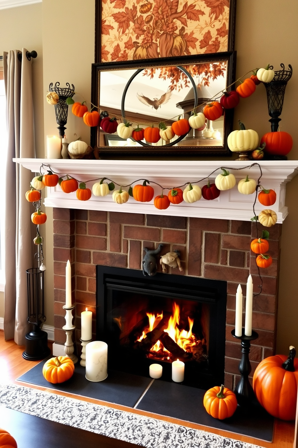 A cozy living room adorned for Halloween features a colorful garland made of felt pumpkins draped elegantly across the mantel. Below, a crackling fireplace is surrounded by autumn-themed decorations, including candles and small gourds, creating a warm and inviting atmosphere.