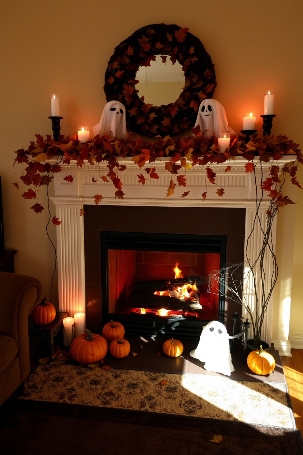 A cozy living room setting adorned for Halloween. A fireplace is decorated with autumn leaves, small pumpkins, and flickering candles, creating an inviting yet spooky atmosphere. Ghostly figures can be seen peeking from behind the decorative elements. The warm glow from the fire casts playful shadows that enhance the eerie charm of the space.