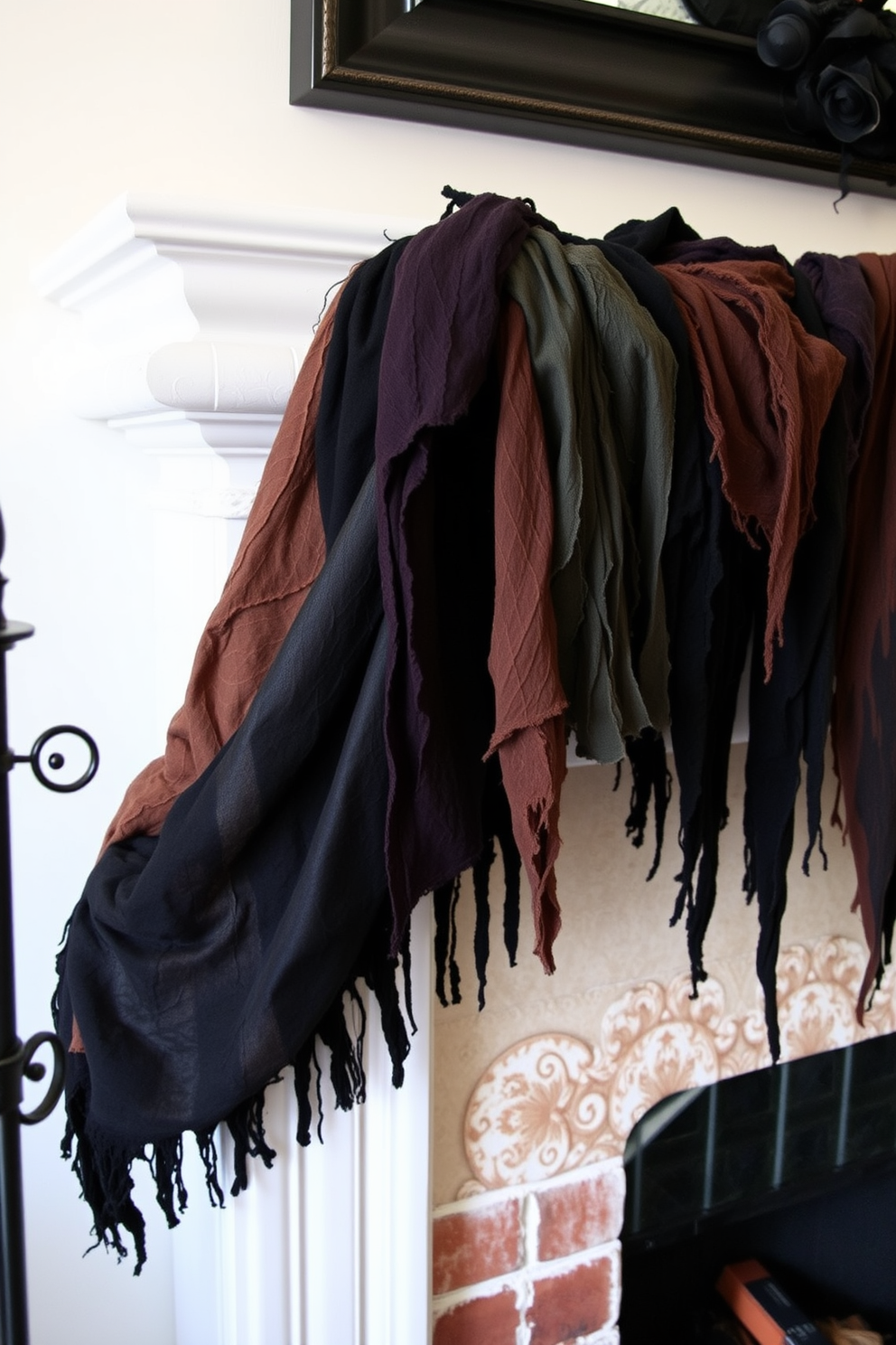 A spooky fireplace setting adorned with creepy cloth draped over the mantel. The cloth features a mix of dark colors and textures, creating an eerie atmosphere perfect for Halloween.