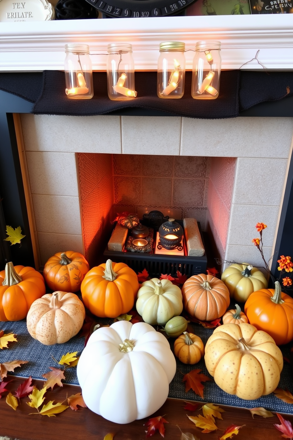 A cozy Halloween-themed fireplace setting features mason jars filled with flickering LED lights arranged on the mantel. Surrounding the fireplace, decorative pumpkins in various sizes and colors create a festive atmosphere, while autumn leaves scatter around for an added touch of seasonal charm.