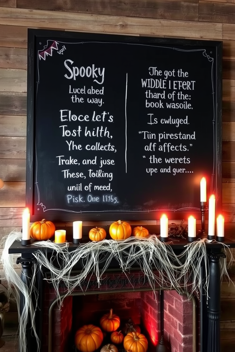 A large chalkboard is mounted on a rustic wooden wall, featuring spooky quotes in white chalk that evoke a haunting atmosphere. Below the chalkboard, a decorative fireplace is adorned with cobwebs, pumpkins, and flickering candles to create an eerie yet inviting ambiance.