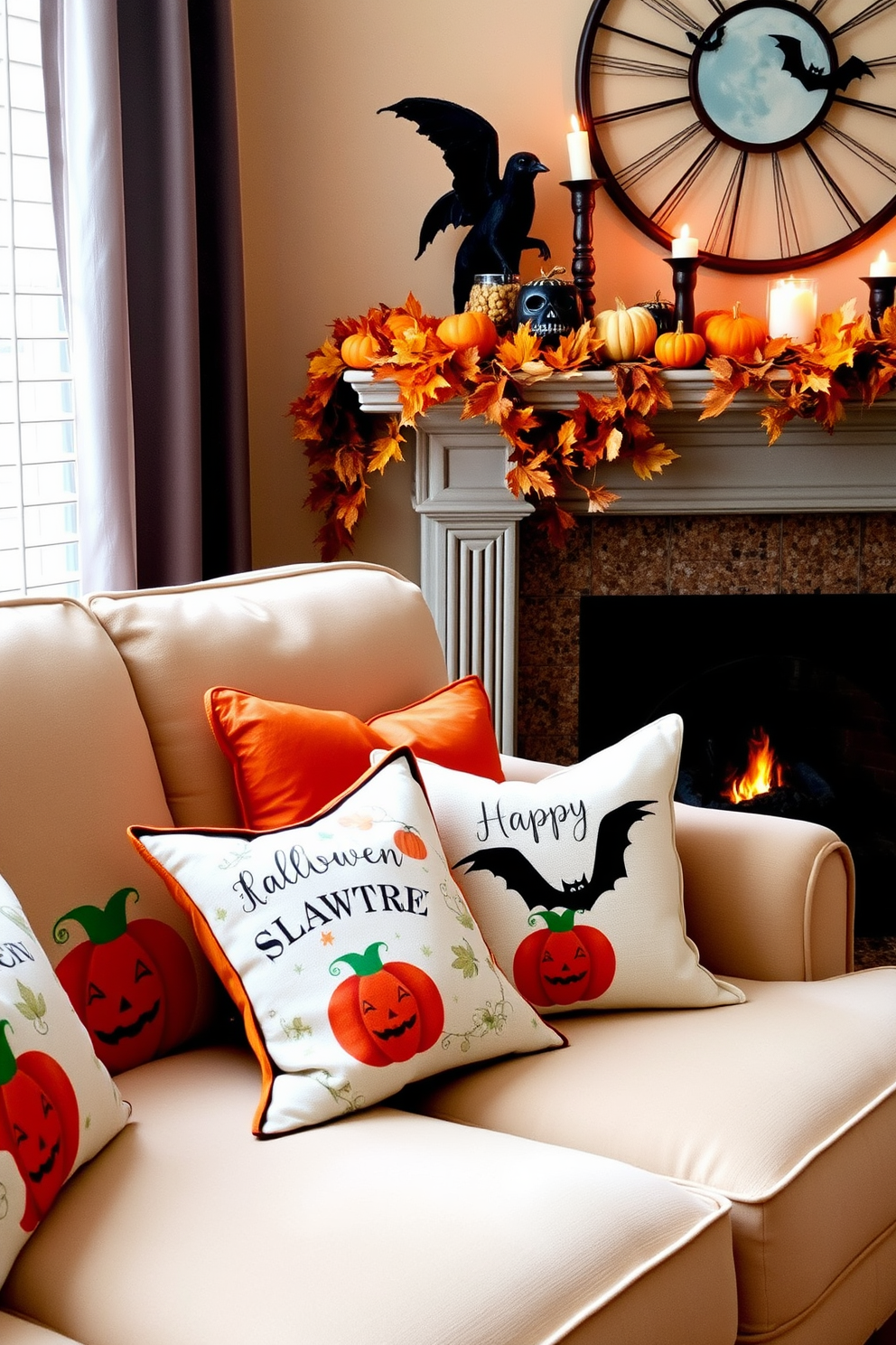 Seasonal throw pillows featuring whimsical Halloween motifs such as pumpkins, ghosts, and bats are arranged on a cozy sofa. The pillows add a festive touch to the living room, inviting warmth and seasonal spirit. A beautifully decorated fireplace showcases a mix of autumn leaves, miniature pumpkins, and flickering candles. The mantel is adorned with spooky decorations, creating a charming focal point for Halloween gatherings.