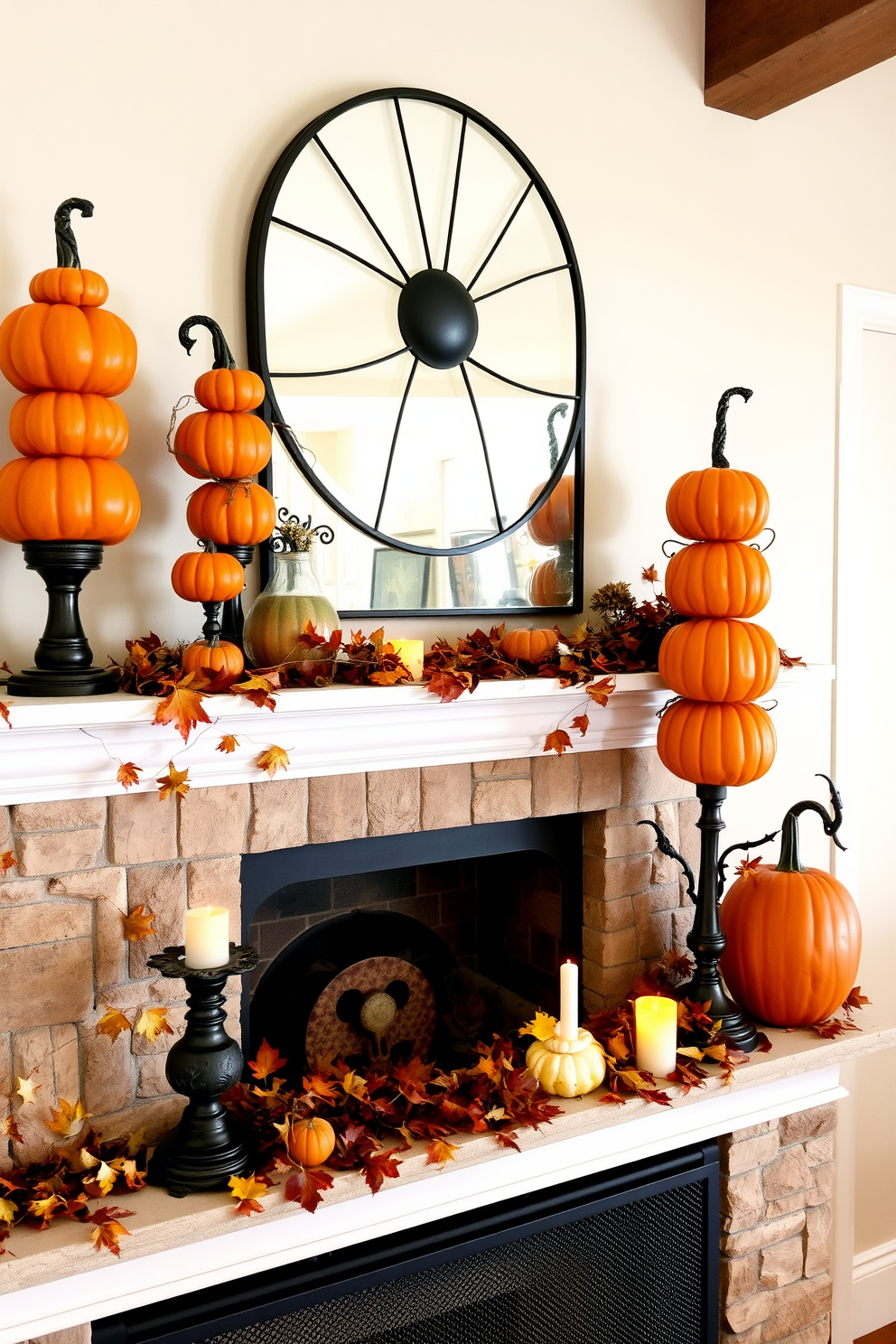 A charming Halloween fireplace adorned with pumpkin topiaries of varying heights creates a festive atmosphere. The fireplace mantel is decorated with autumn leaves, small gourds, and flickering candles to enhance the seasonal theme.