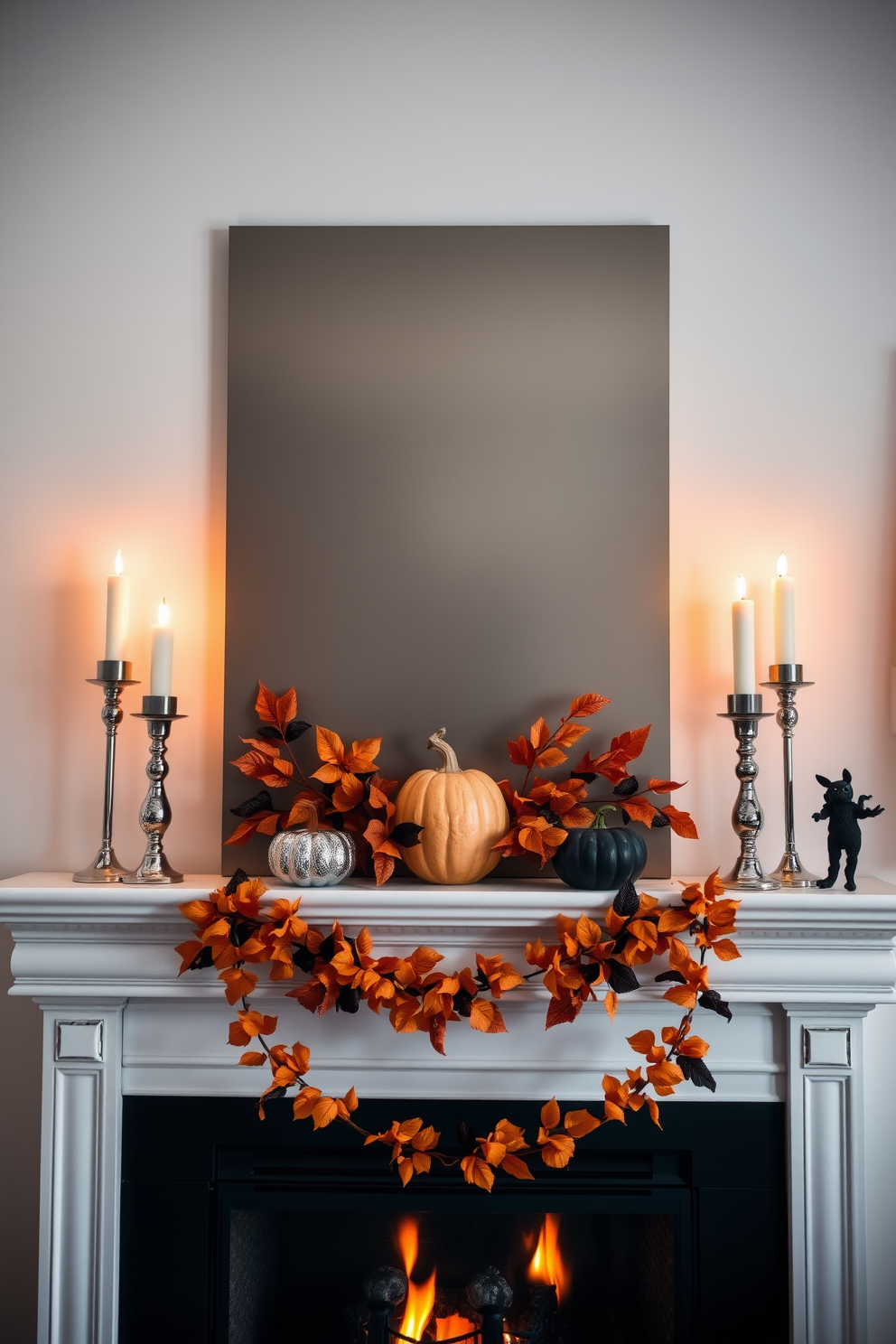 A sleek modern fireplace adorned with metallic accents creates a stunning focal point in the room. The mantel is decorated with shimmering candle holders and a stylish arrangement of seasonal decor that embraces the Halloween spirit. Rich black and orange hues complement the metallic elements, adding warmth and festivity. A garland of faux autumn leaves drapes elegantly across the mantel, while strategically placed pumpkins enhance the seasonal charm.