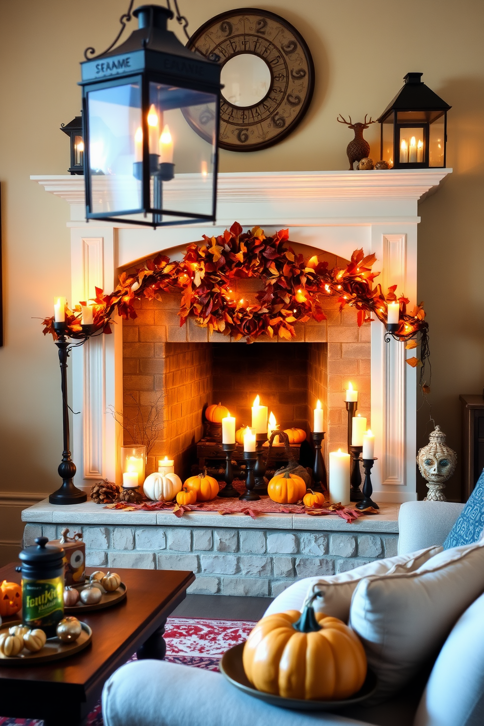 A cozy living room adorned with vintage lanterns casting a warm and inviting glow. The fireplace is elegantly decorated with autumn leaves, small pumpkins, and flickering candles to create a festive Halloween atmosphere.