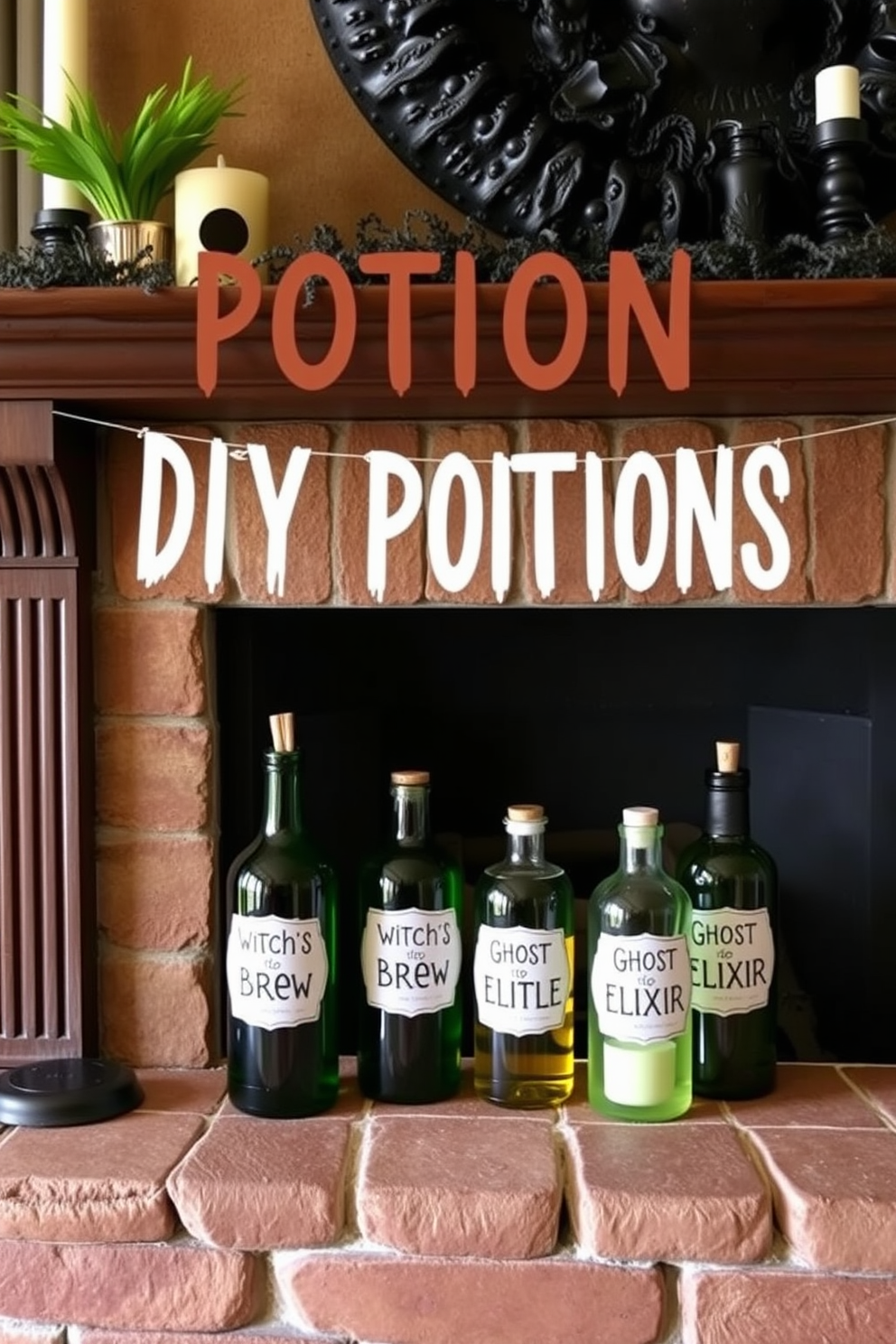 A cozy fireplace adorned with creatively labeled DIY potion bottles. The bottles are arranged on the mantel, featuring whimsical labels like 