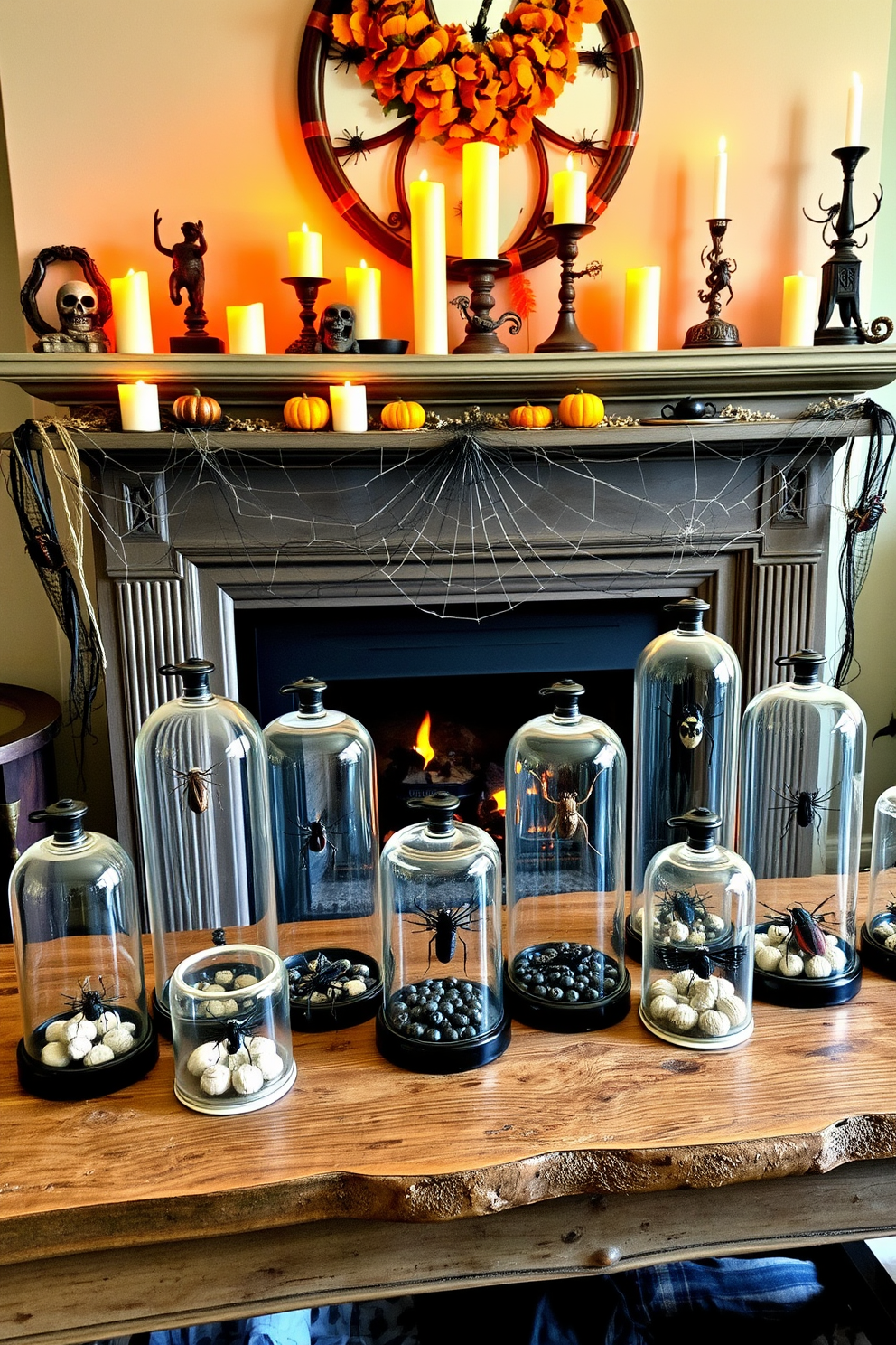 A collection of glass cloches filled with various creepy crawly insects is artfully arranged on a rustic wooden table. Each cloche features a different insect specimen, creating an eerie yet intriguing display that captures the essence of Halloween. Above the table, a beautifully decorated fireplace sets the mood with flickering candles and autumn-themed decor. The mantel is adorned with spider webs, small pumpkins, and dark, moody accents that enhance the Halloween atmosphere.