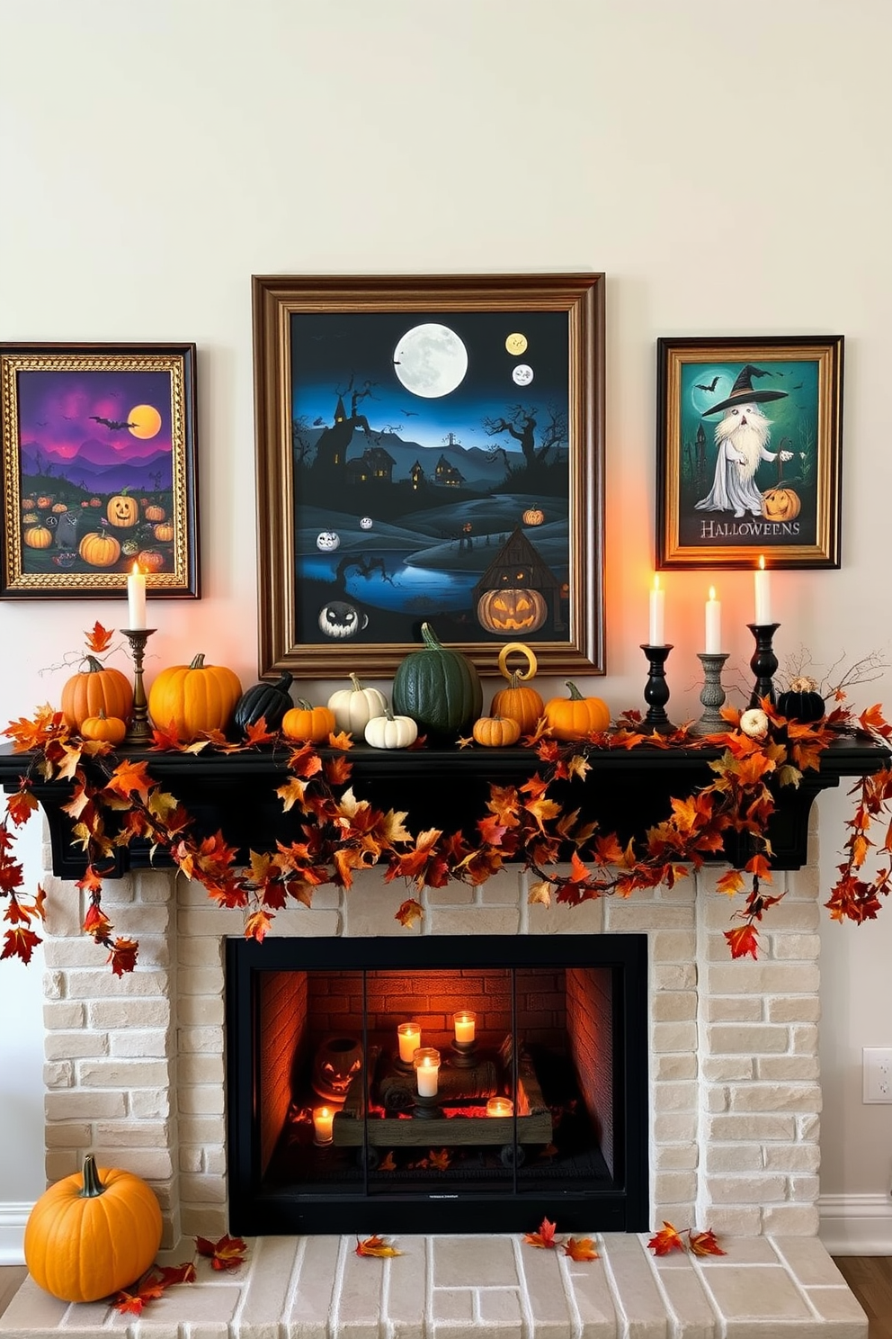 Framed art featuring Halloween themes. The artwork showcases spooky landscapes and whimsical characters, all in vibrant colors that capture the essence of the season. Halloween fireplace decorating ideas. The fireplace mantel is adorned with an assortment of pumpkins, flickering candles, and garlands of autumn leaves, creating a warm and inviting atmosphere.