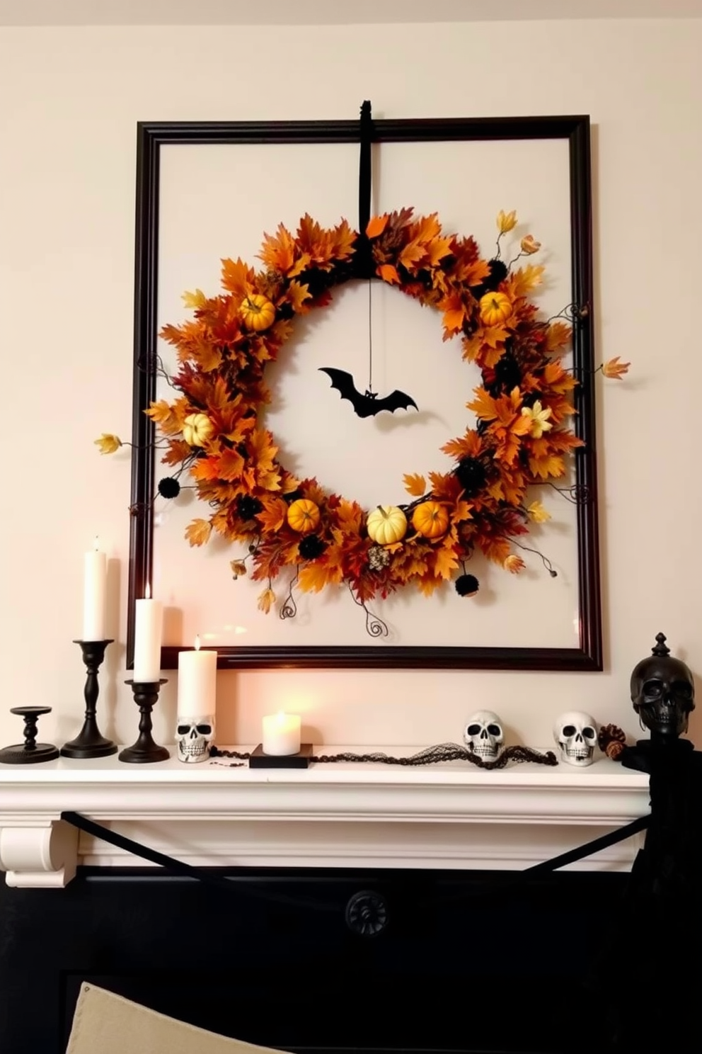 A charming Halloween-themed wreath hangs above the mantel, crafted from an assortment of autumn leaves, miniature pumpkins, and spooky accents. The fireplace is adorned with flickering candles and decorative skulls, creating an inviting yet festive atmosphere.