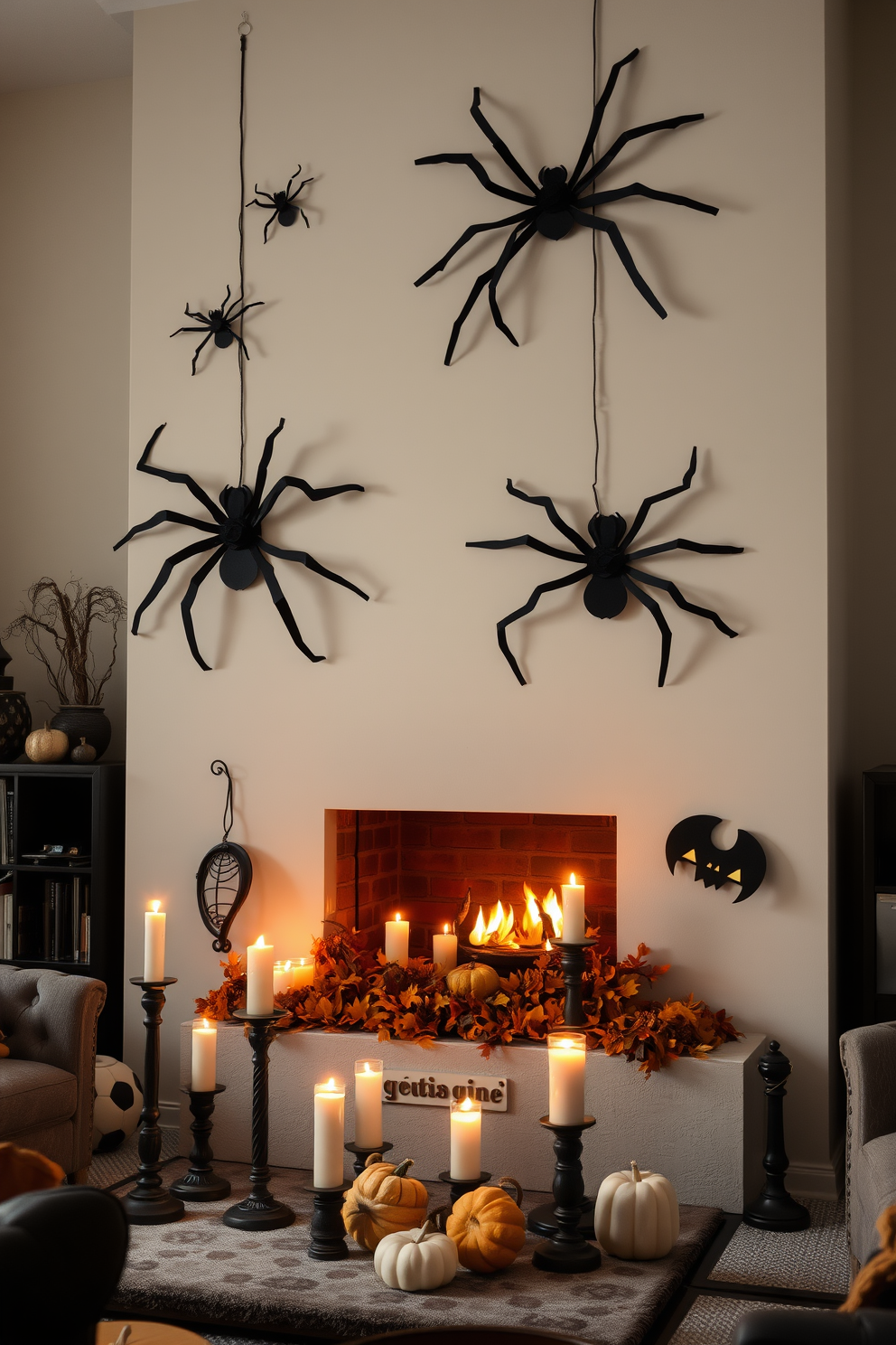 A cozy living room adorned with Halloween decorations. Giant paper spiders are dramatically climbing the wall, creating an eerie atmosphere. The fireplace is elegantly decorated with autumn leaves and small pumpkins. Flickering candles in varying heights add warmth and enhance the spooky vibe.