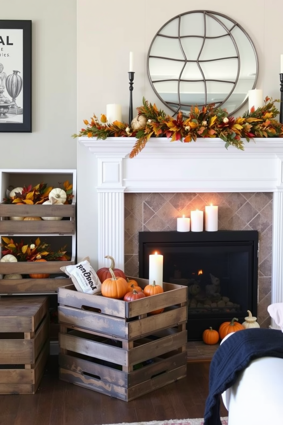 A cozy living room adorned with rustic wooden crates filled with seasonal Halloween decorations. The fireplace is elegantly decorated with autumn leaves, miniature pumpkins, and flickering candles, creating a warm and inviting atmosphere.