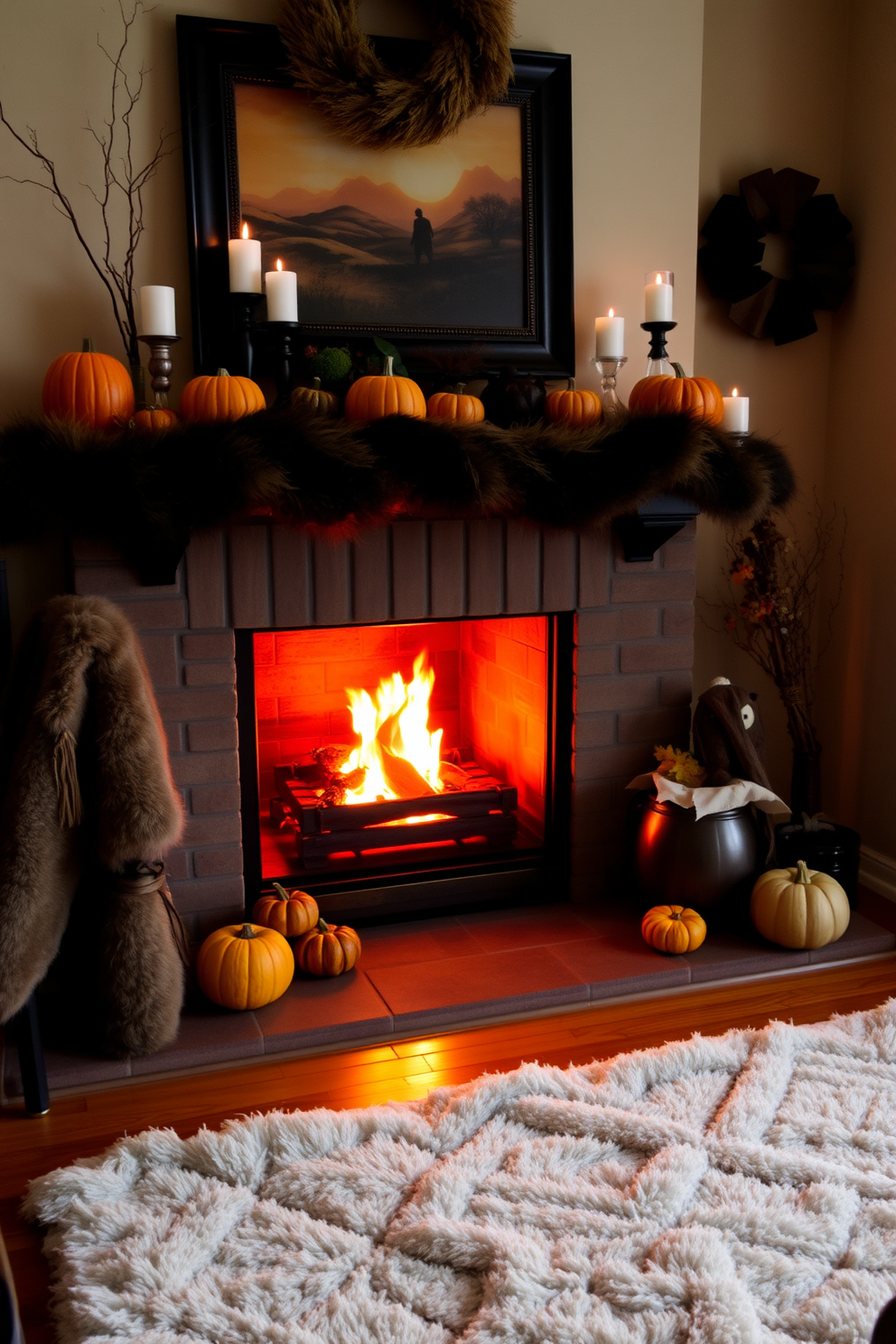 A cozy living room setting featuring a warm fireplace adorned with autumn-themed decorations. The mantel is decorated with faux fur throws, pumpkins, and candles, creating an inviting atmosphere for Halloween gatherings. In front of the fireplace, a plush area rug complements the cozy vibe. The space is illuminated by soft lighting, enhancing the warmth and charm of the seasonal decor.