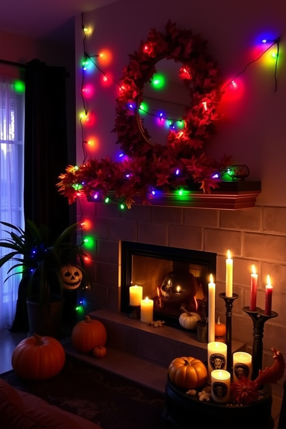 A cozy living room adorned with colorful string lights that create a festive glow for Halloween. The fireplace is decorated with autumn leaves, small pumpkins, and spooky-themed candles to enhance the seasonal ambiance.